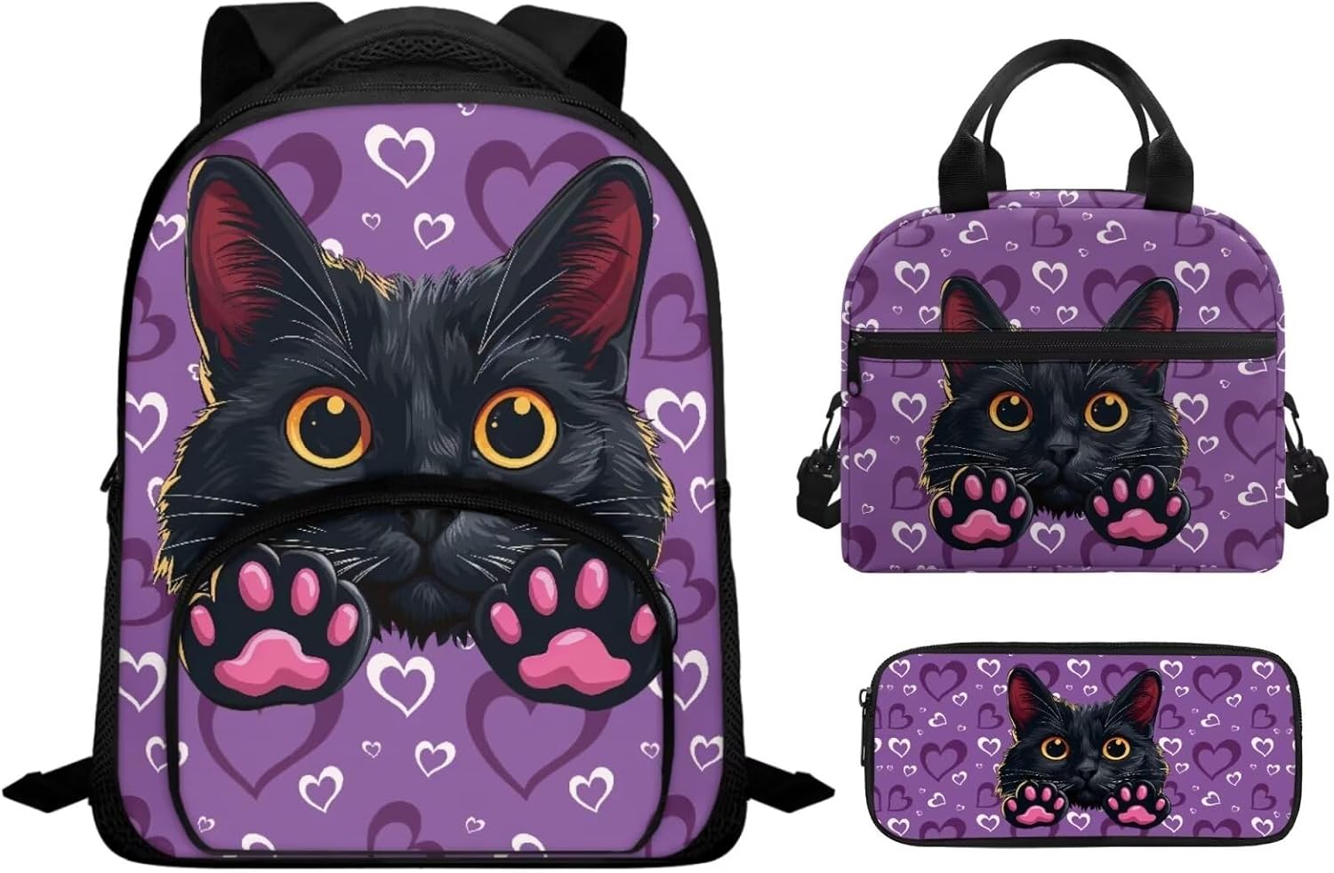 3PCS Lovely Cat Backpack for Girls Boys Kids School Backpack Set with Lunch Box Pencil Case Lightweight 12 Inch Backpack 3 in 1 Set for Teens Kindergarten Elementary School Students
