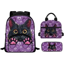 3PCS School Bag for Girls Black Cute Cat Bookbag for School Purple Love Heart Backpack with Padded Shoulder Straps Portable Lunch Box with Handle Novelty Pencil Case for Pens Erasers