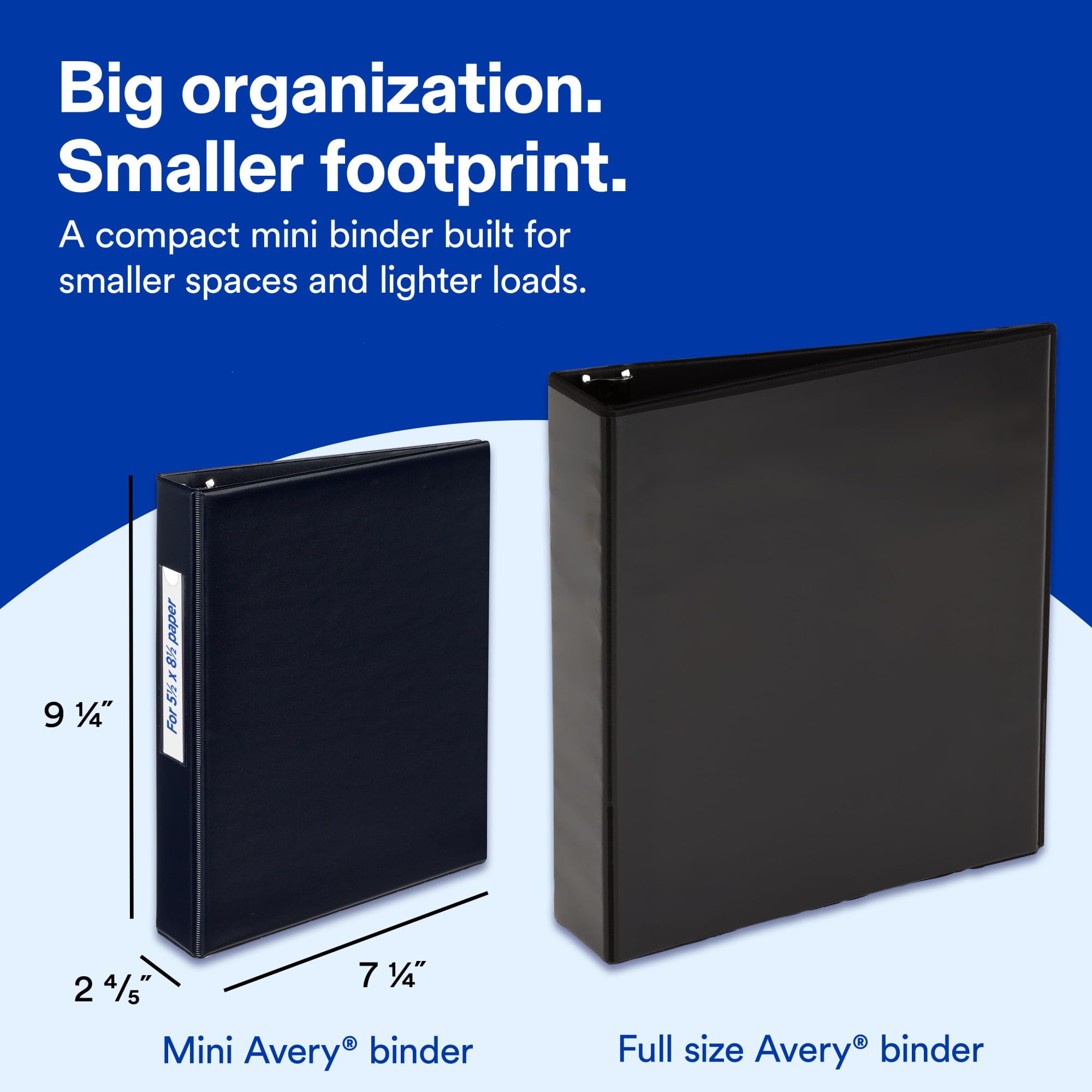 Condition photo showing New/Like New for avery mini 3 ring binder, holds 5.5" x 8.5" paper, 2" round rings, 375-sheet capacity, 2.8 inch wide spine, label holder, 1 black binder, great for home, office, school supplies, and more (27554)