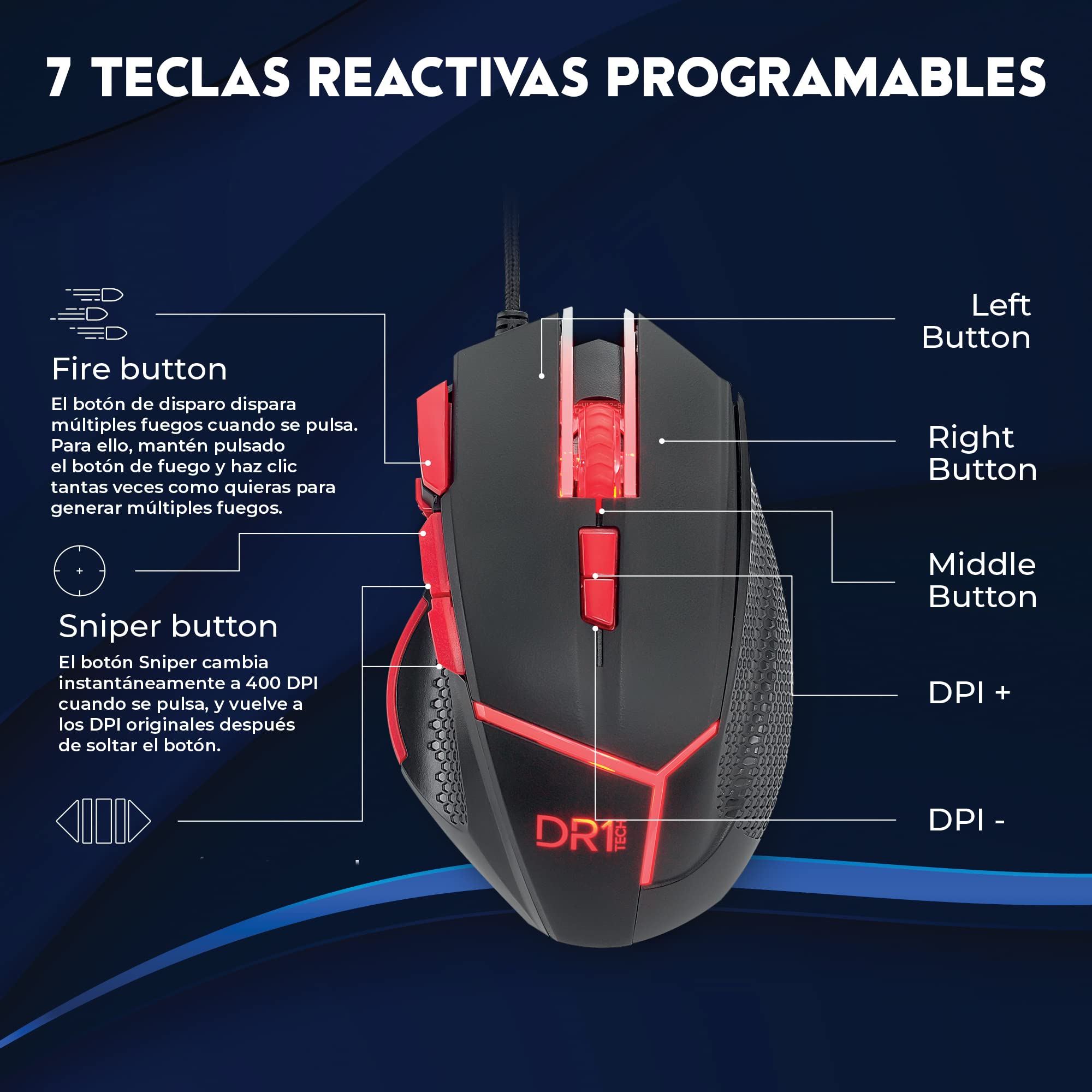 DR1TECH Hunter+ Ratón Gaming Profesional [5 Pesas Extraíbles + Triple Fire] - 9 Teclas hasta 4200 dpi - Ratón Ergonómico con Cable para PC/PS4/XBOX