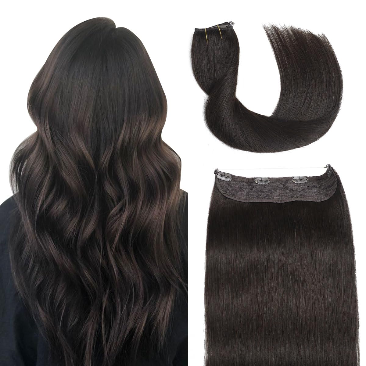 Sindra Wire Hair Extensions Real Human Hair, 20 Inch 80g Dark Brown Invisible Fishing Line Extensions Silky Straight #2 20 Inch
