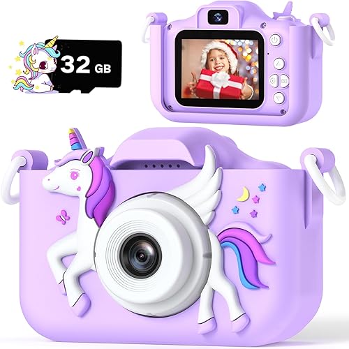 Cámara de unicornio para niños, regalo de Navidad para niñas y niños, 1080P HD Selfie Cámara de video digital para niños pequeños, lindos juguetes