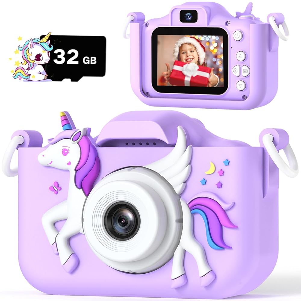 Upgrade Unicorn Kids Camera for Girls, Christmas Birthday Gift for Boys, 1080P HD Selfie Digital Video Camera for Toddlers, Cute Portable Little Girls Boys Gifts Toys for 3 4 5 6 Years Old
