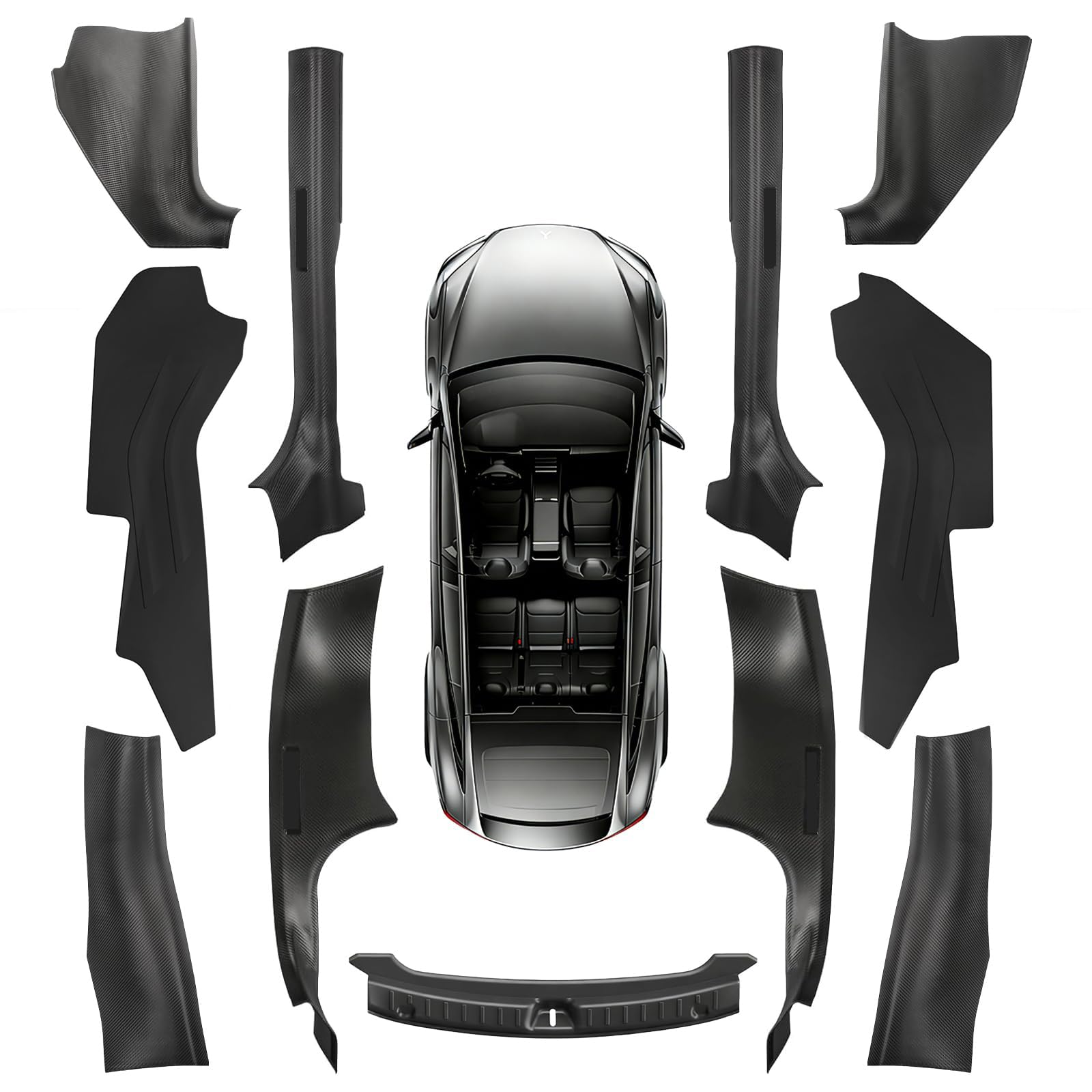 11PCS Carbon Fiber Door Sill Protector Model Y Juniper 2025 2026 8Pcs Door Sill Protector and 2Pcs Center Console Anti-Kick Pads and Rear Bumper Guard for Tesla Model Y Juniper Accessories