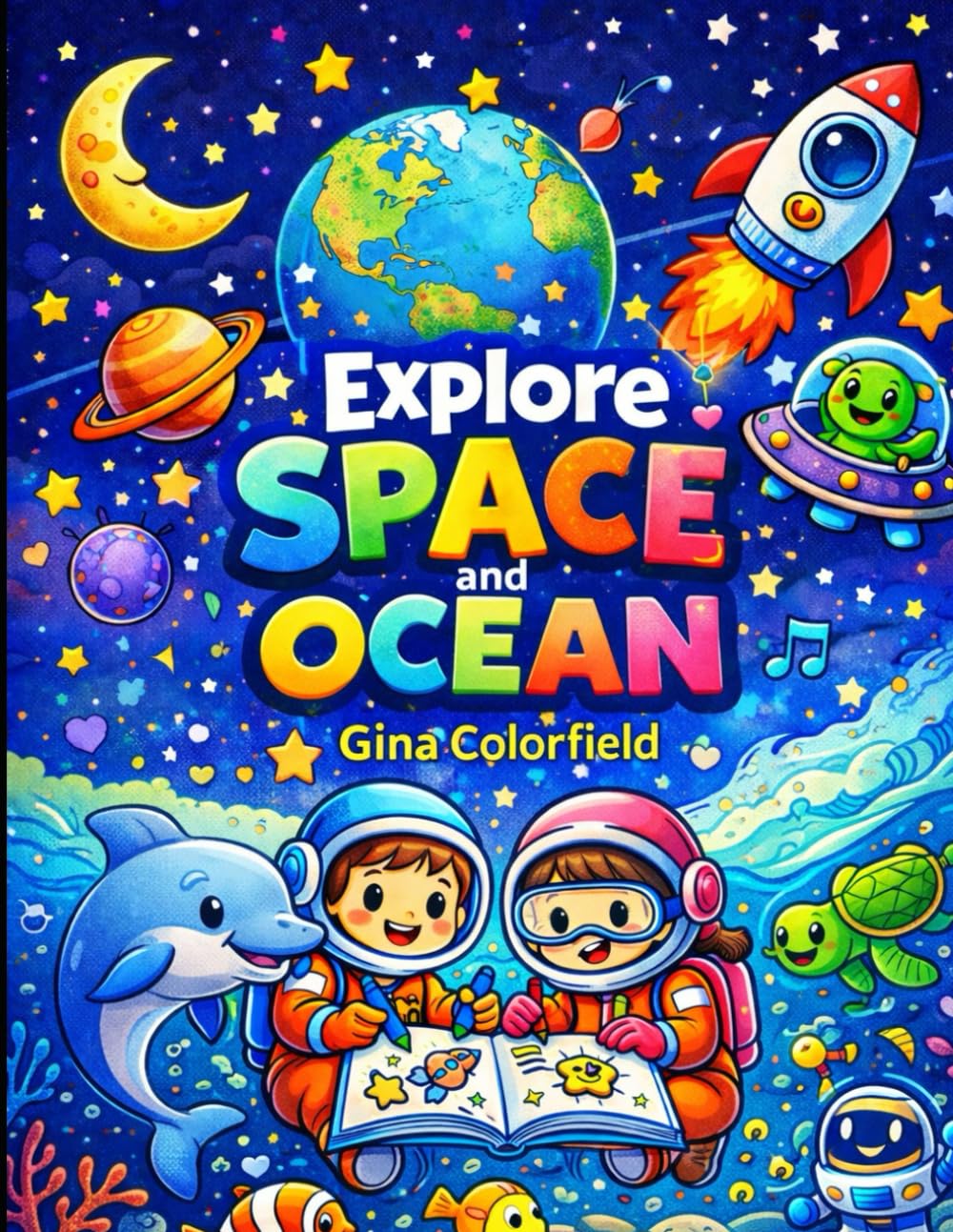 Explore Space & Ocean Coloring Book for Kids: Fun and Easy Coloring Pages of Planets, Astronauts, Sea Animals & Underwater Worlds for Ages 4–7