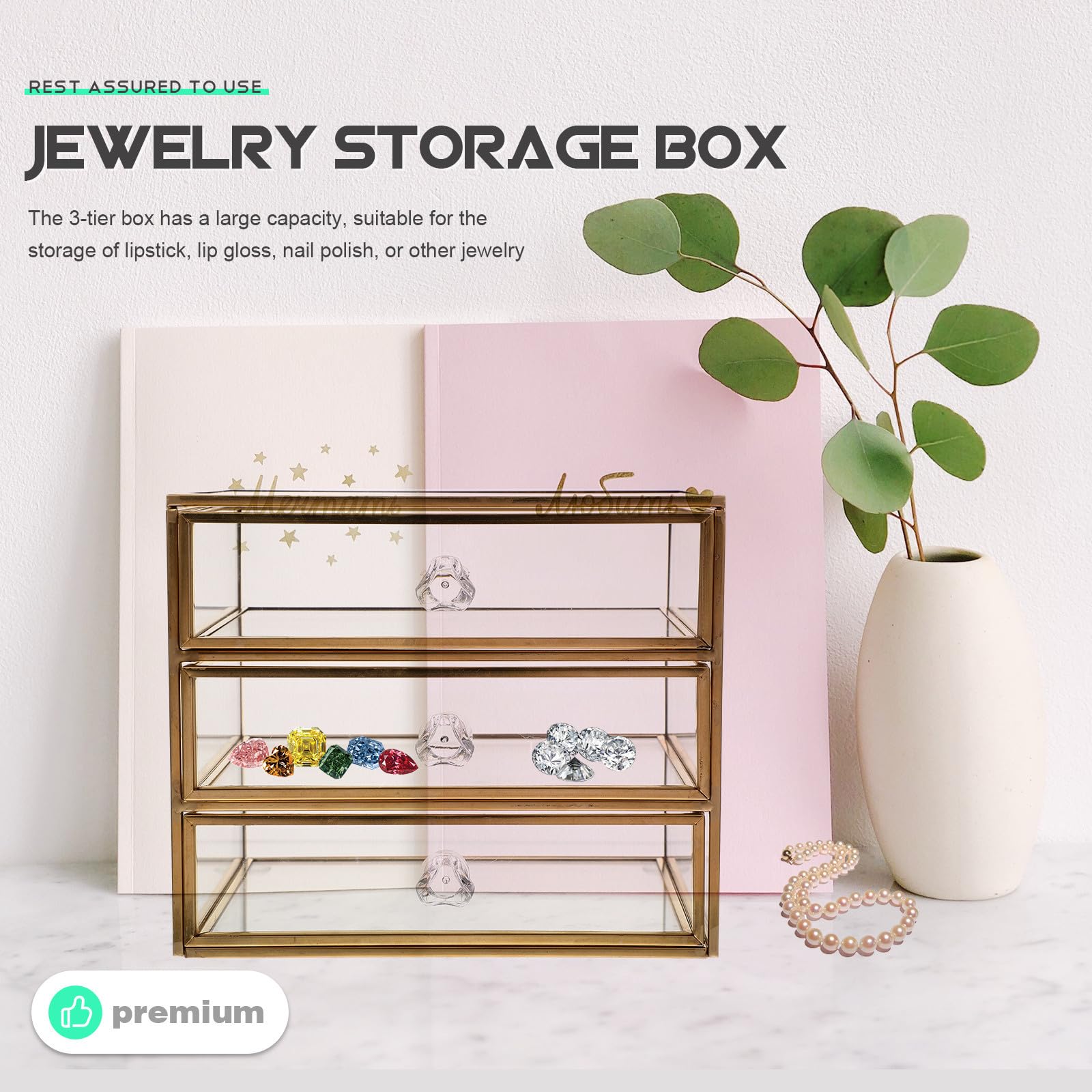 Estuche de Almacenamiento de Maquillaje Estructura de Aleación y Vidrio Diseño Transparente 3 Niveles Cajones Dorado para Joyas y Cosméticos