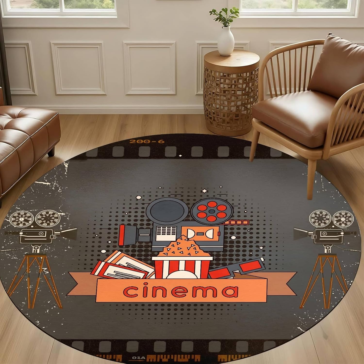 Classic Tripod Camera Movie Projector Round Area Rug, Retro Popcorn Themed Floor Carpet, 3ft Soft Washable Non Slip Mat for Living Room Family Movie Room Entertainment Lounge
