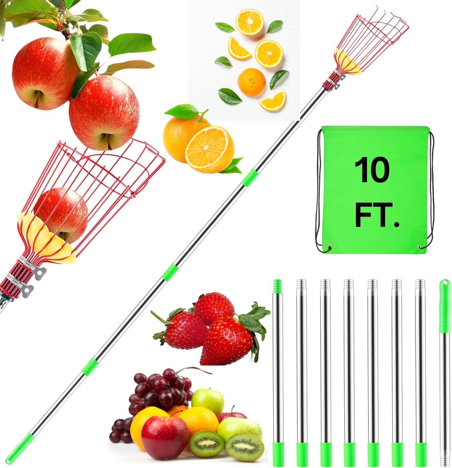 TOVIXY 10 FEET Fruit and Mango Plucker - Equipped with a Net and Pole for Easy and Safe Fruit Picking from Trees, Including Coconuts! Also Includes Extendable Pole (New)