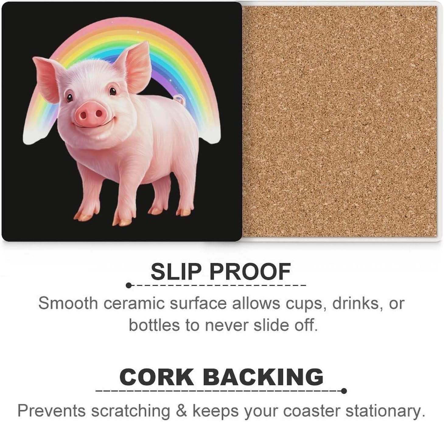 LGBTQ Pigs Gay Proud Funny Ceramic Coasters for Drinks Absorbent Cup Holder Tabletop Protector with Cork Base