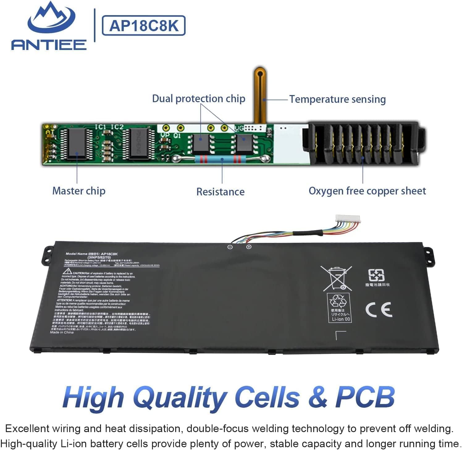 Batteria notebook ANTIEE AP18C8K Acer Swift3 SF314 Aspire5 A515 A715 Spin3 | 11,52V 50,29Wh, compatibile 3INP5/82/70 SF314-42 SF314-57 CB315 A514 A515 A715 TMP215 Spin3 sostitutiva