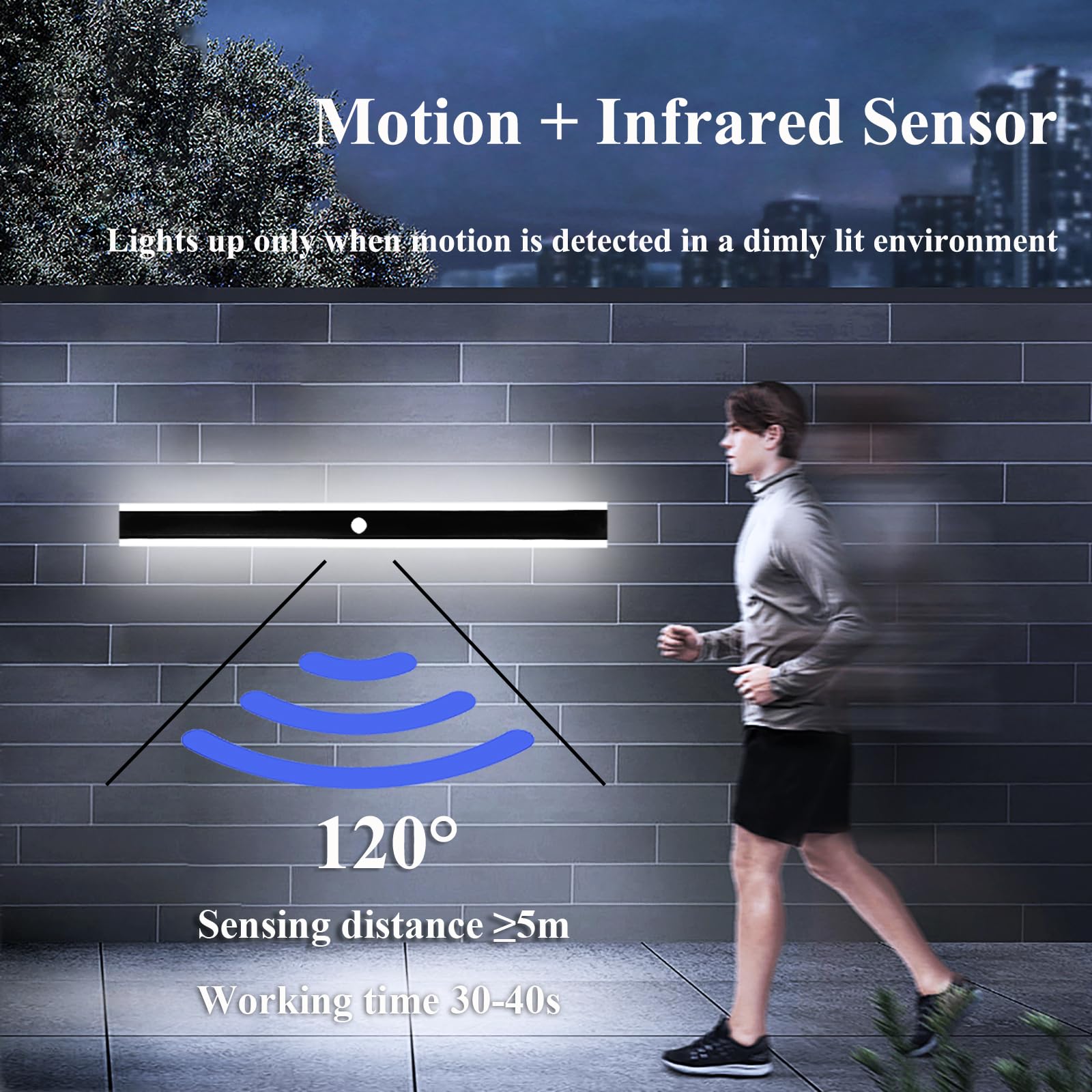 Lungo Applique da Parete LED con Sensore di Movimento 60CM Esterno Nera Lampada da Parete Moderna Impermeabile Luce Bianco 6000K Aplique Interno Esterni per Terrazza Veranda Balcone Villa