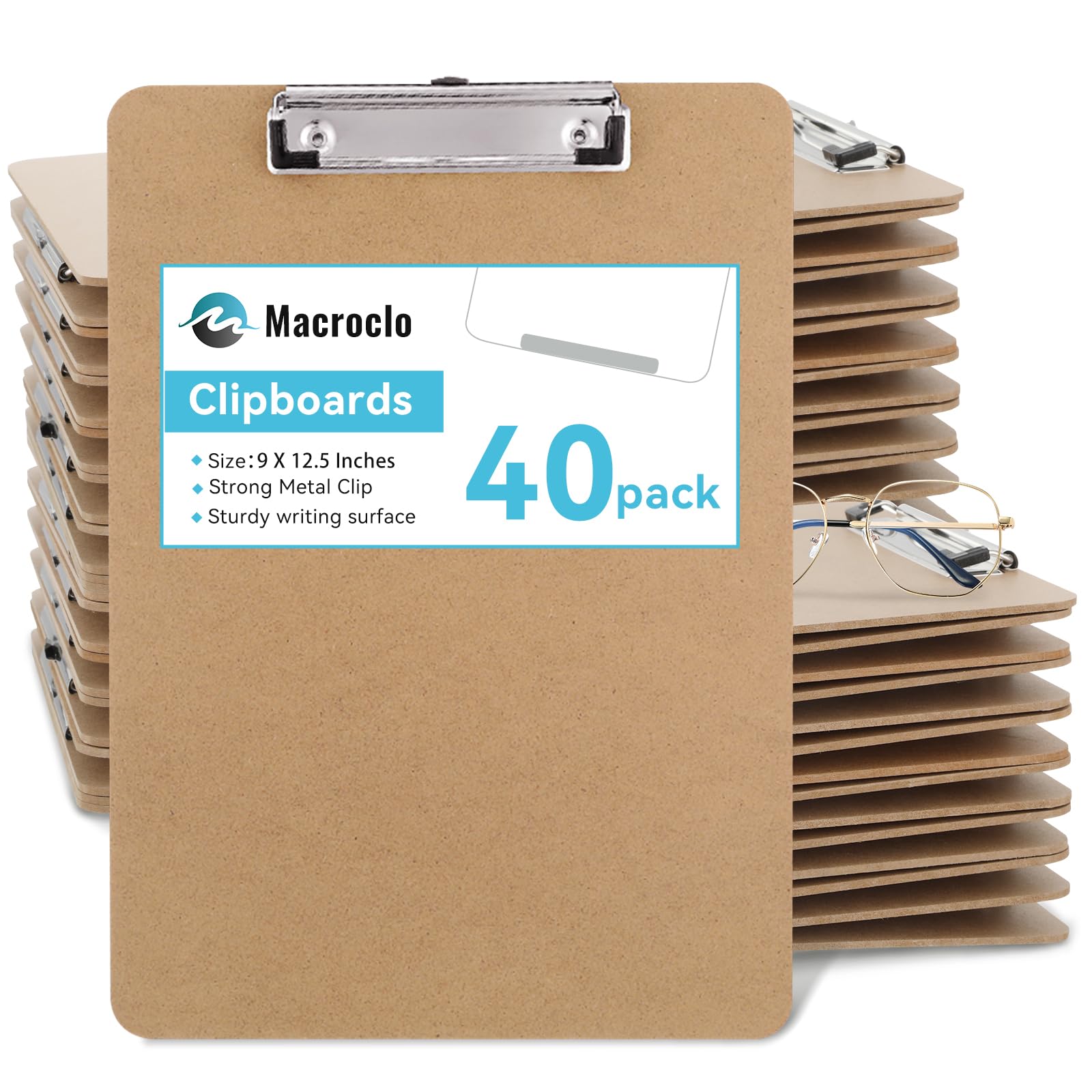 Macroclo Wood Clipboards 40 Pack, Letter Size Hardboard Clip Board 8.5x11 for Classroom, Students, Kid, A4 Standard Size 9" x 12.5" with Low Profile