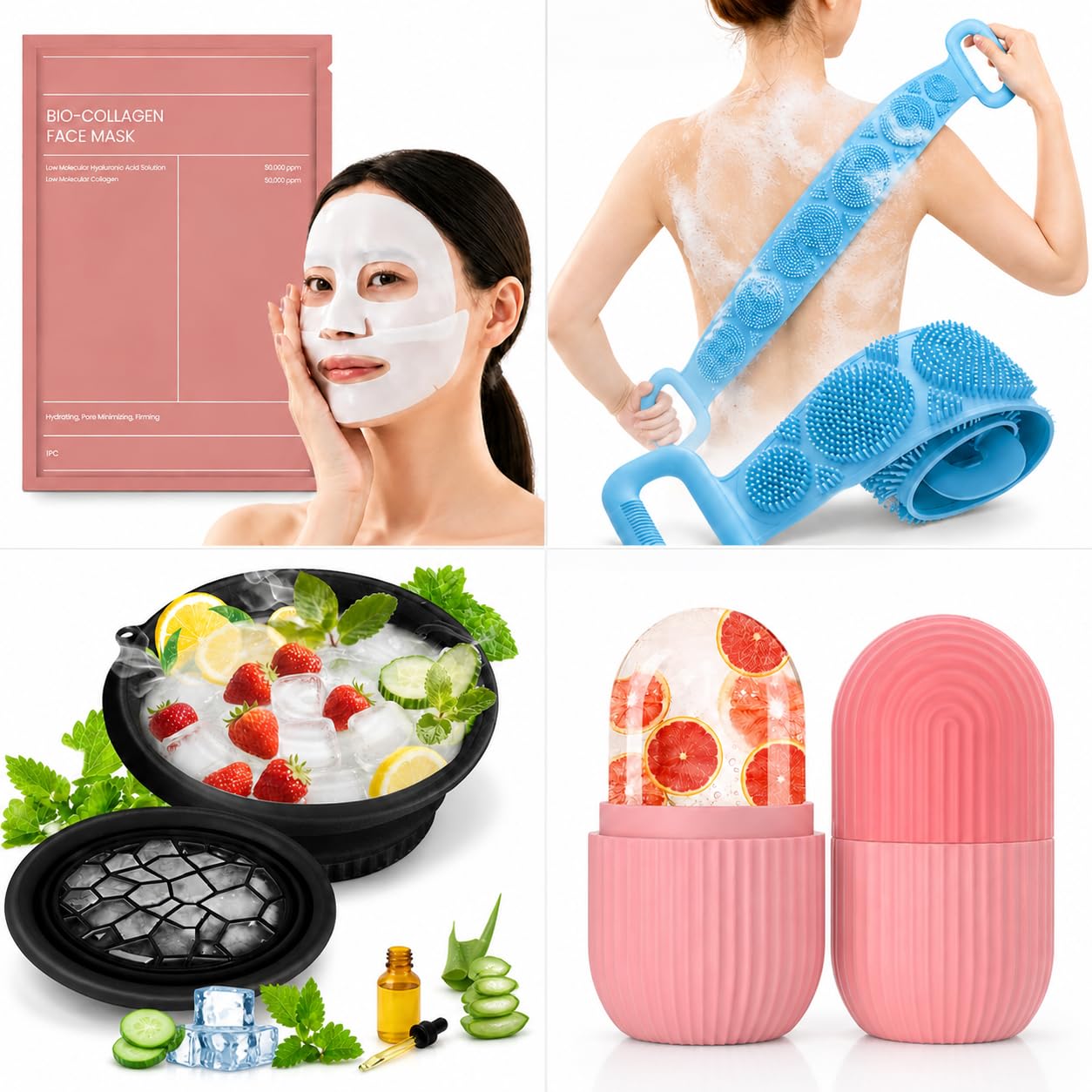 4-in-1 Self Care Combo Kit – Silicone Body Bath Belt + Bio Collagen Deep Face Mask + Silicone Ice Bucket Facial Plunge Bowl + Ice Roller Capsule-image-25