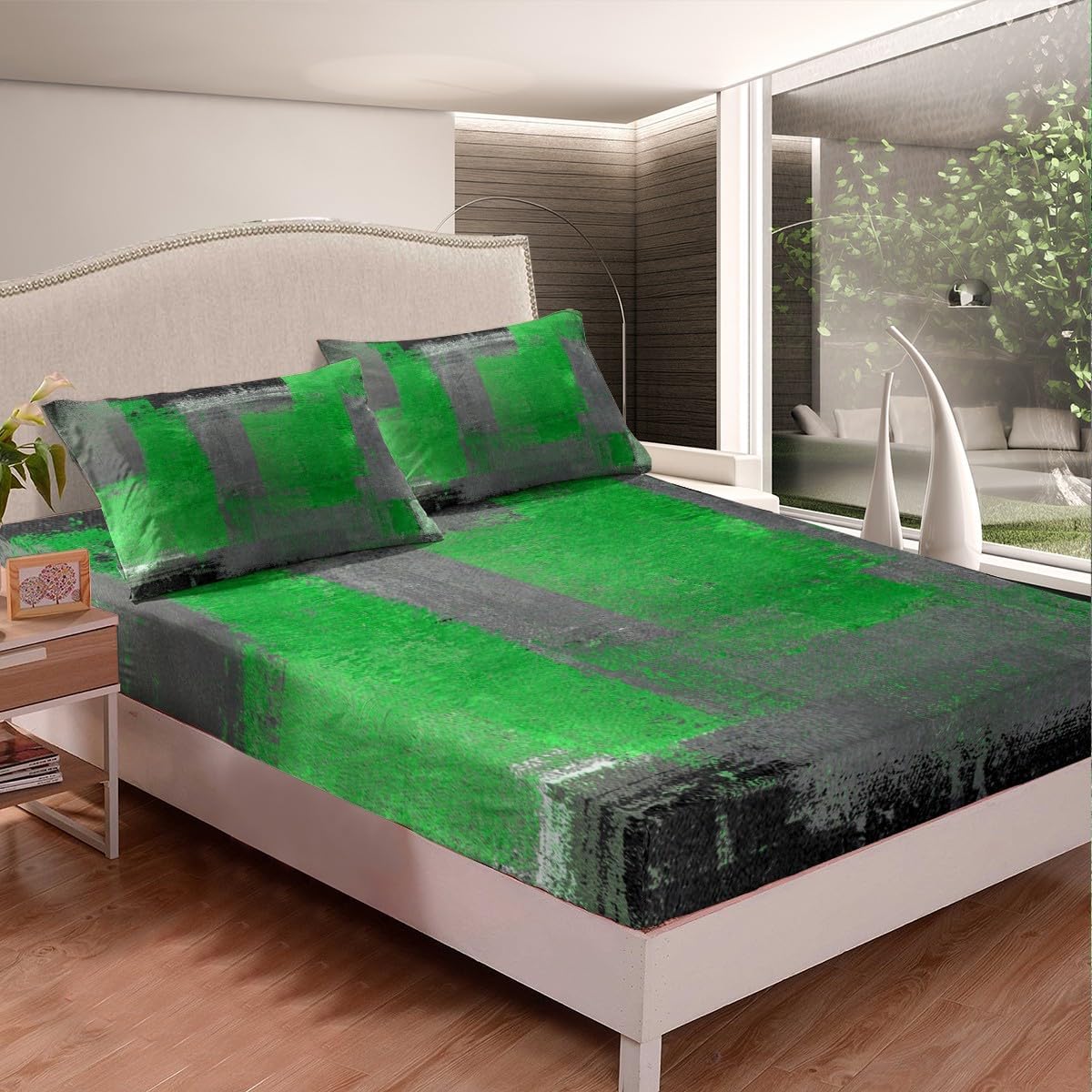 Erosebridal Black Grey Green Full Fitted Sheet Gradient Ombre Bedding, Vintage Watercolor Bed Sheets Abstract Aesthetic Art Bed Cover, Geometric Patchwork Bed Set (Deep Pocket)