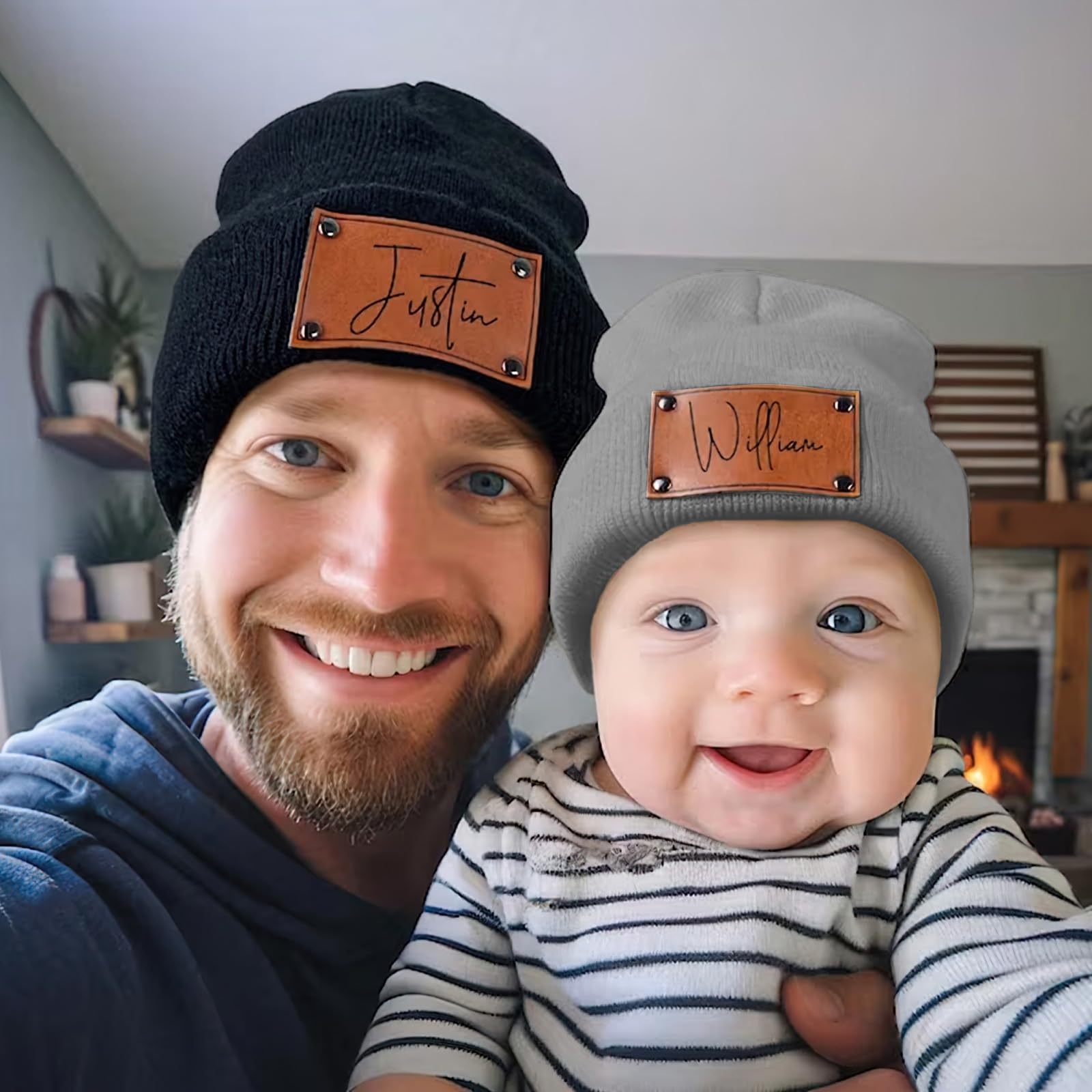 lanleay Custom Brown Beanie Hats for Baby Girls Boys - Personalized Leather Patch Toddler Beanies with Name for Kids Teens Adults Winter Warm Knit Hat