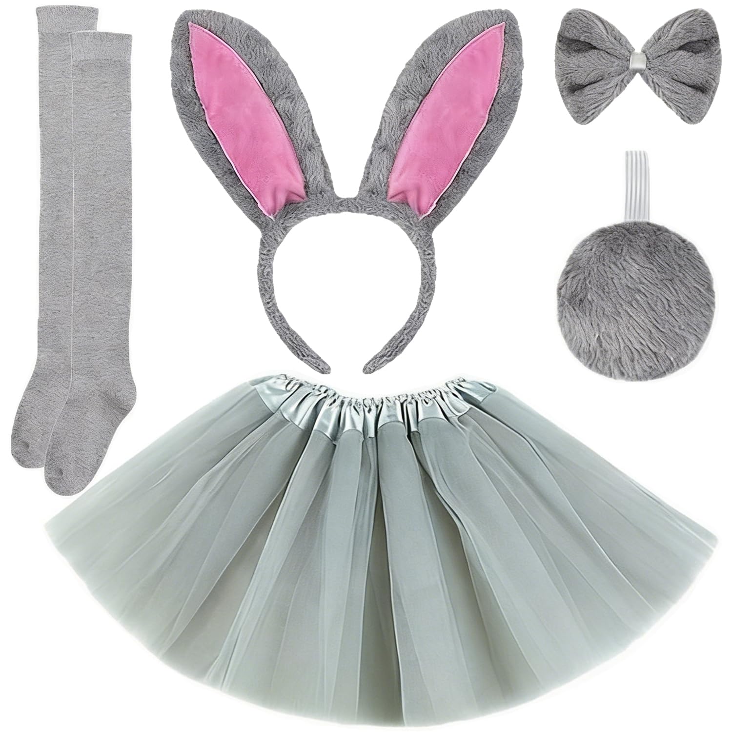 Rabbit Costume for Kids, 5PCS Bunny Fancy Dress Accessories Set Bunny Ears Headband Animal Cosplay Costumes Set with Headband, Bow, Tail, Tutu Dress, Sock for Easter, Carnival, Fancy Dress, Cosplay