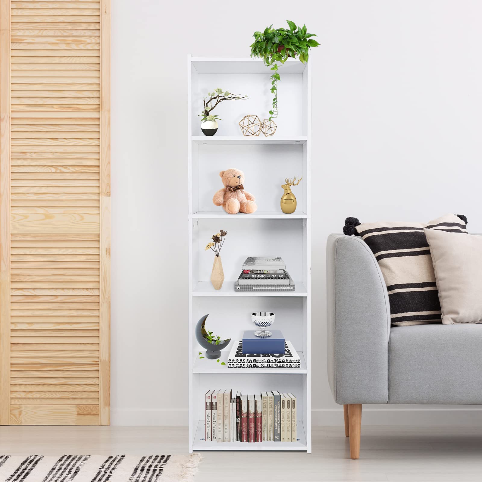 SUPER DEAL Wood Bookcase 5-Tier Open Shelf Tall Narrow Bookshelf for Small Spaces Freestanding Cube Display Storage Organizer for Kids Bedroom Home Office Apartment, 52 Inch White