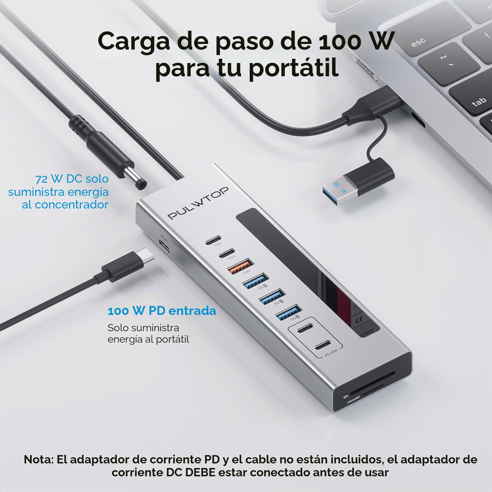 Hub USB Alimentado, USB C Hub con 2 Puertos de Carga PD Tipo C de 24/45 W | PULWTOP HUB USB con SD/TF, USB C 10Gbps, USB A 5/10Gbps y 2 * 24/45W Tipo-C PD de Carga (Adaptador DC de 72W Incluido)