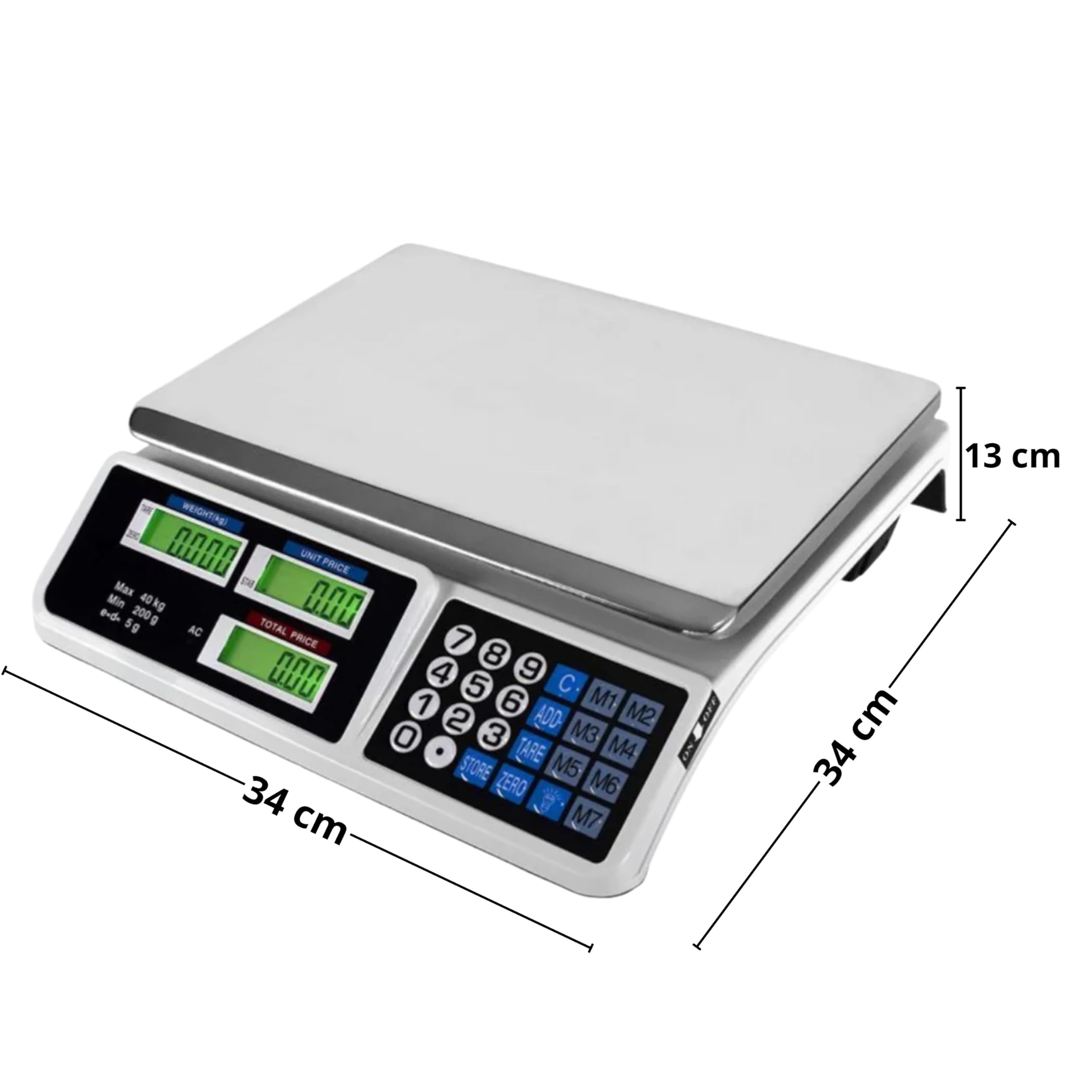 YASTA Bilancia Elettronica Digitale Professionale per Alimenti da Banco da 5Gr a 40 KG Pesa Pacchi Cassette Frutta e Verdura Memoria Prezzi Tasto Tara Batteria Ricaricabile Portatile Display a LED