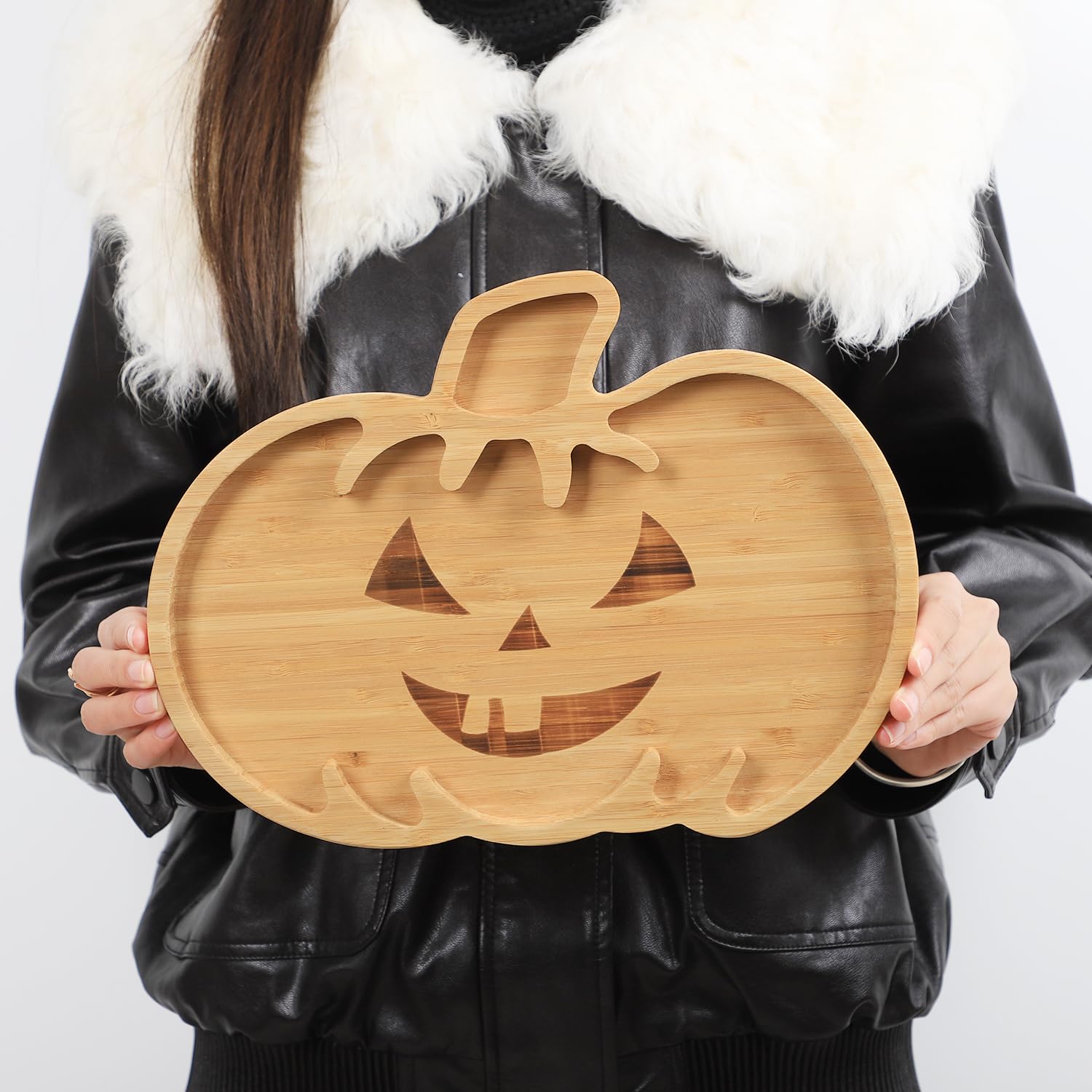 BAMOTTO Bamboo Serving Tray | Pumpkin Shape Charcuterie Board for Kids | Christmas Thanksgiving Platter | Snack Salad Cookie Plate | Durable Children's Dining Dish 12.4