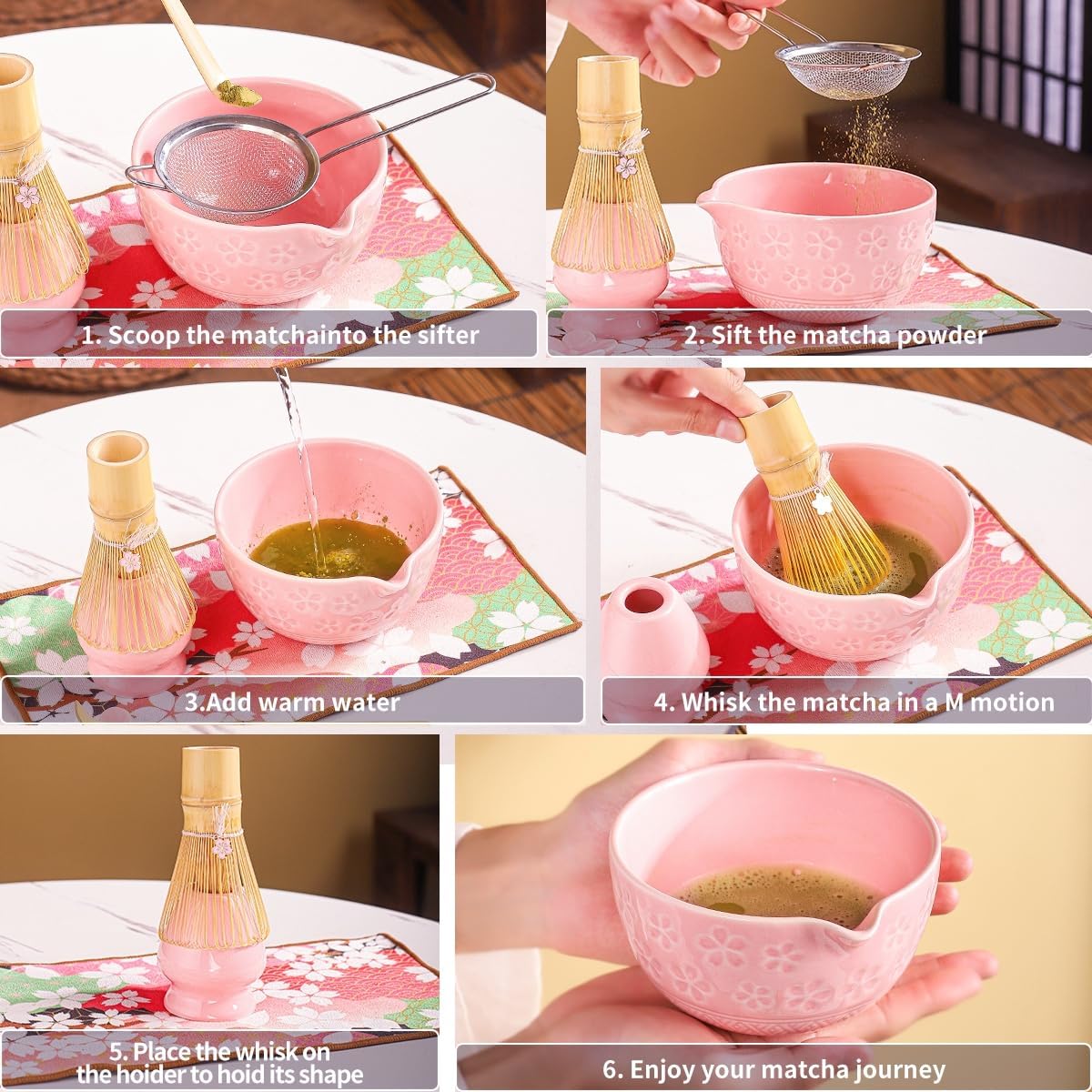 Matcha Whisk Set，Includes Matcha Bowl, Matcha Whisk and Holder, Bamboo Scoop, Scoop Rest, Sifter and Tea Towel, Ceremony Matcha Tea Making Tools - Image 6