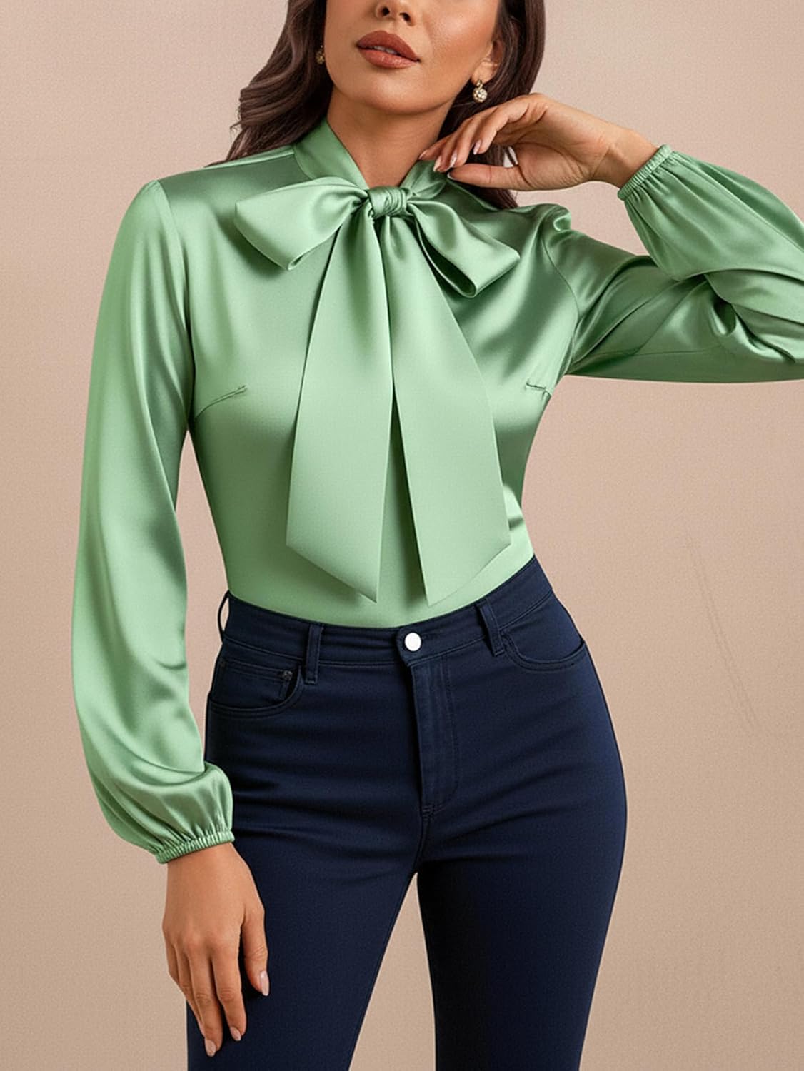Women's Satin Tie Neck Blouses Elegant Long Sleeve Work Shirts Business Casual Tops - Image 4