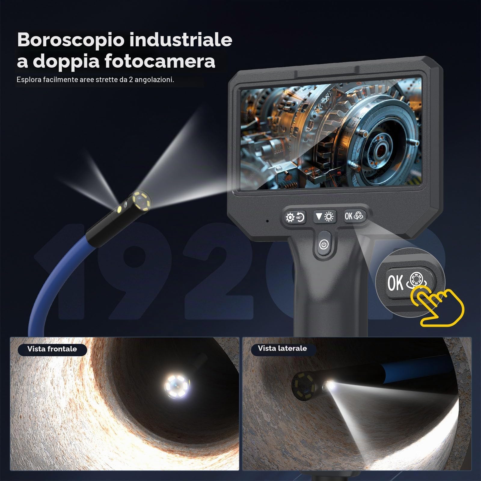 Telecamera Endoscopica Tripla Lente Endoscopio Industriale 4,3 Pollici Telecamera Ispezione Tubi con 7 luci IP67 Sonda Telecamera per fognatura 1920P Cavo da 3,5M Strumento Scheda da 32 GB
