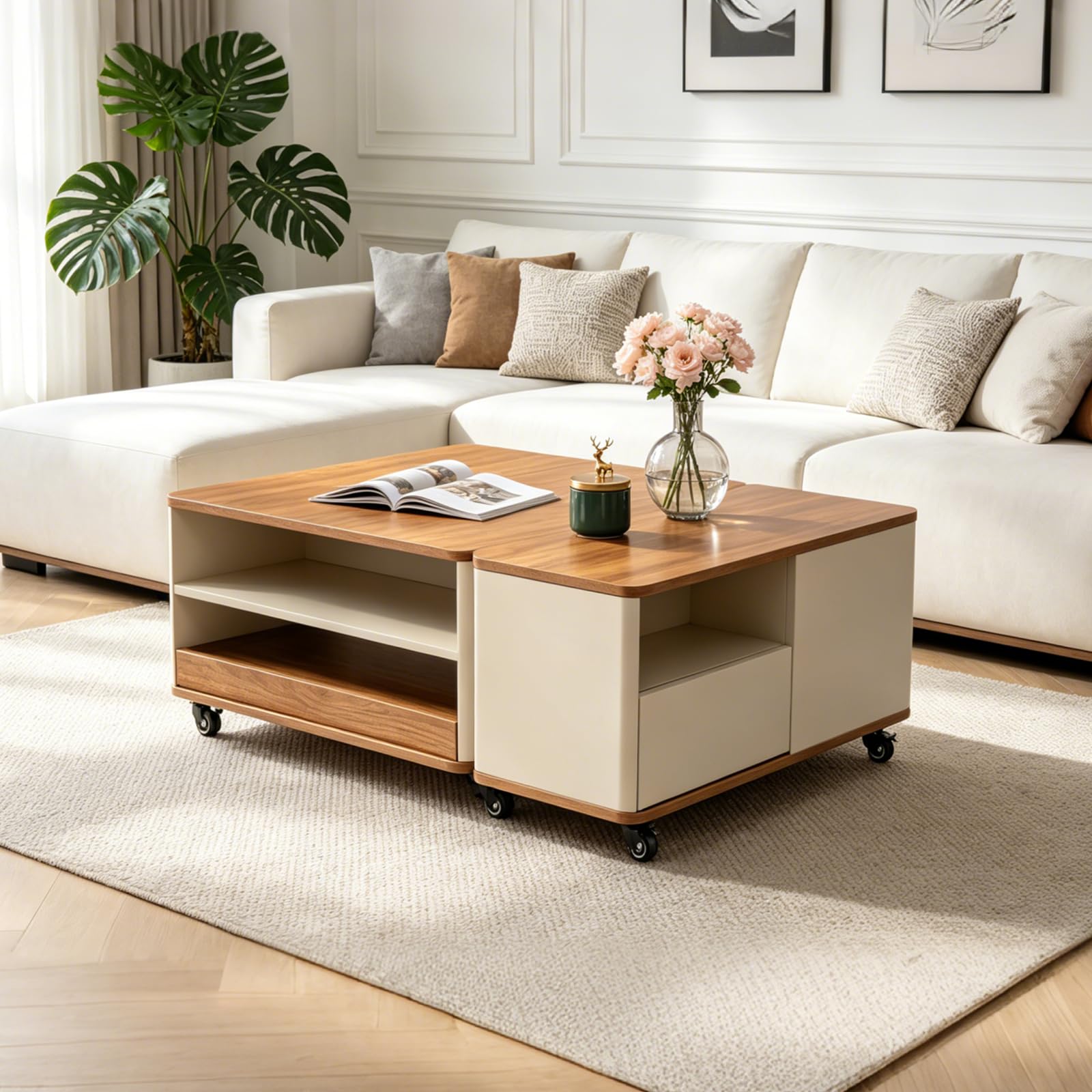 Couchtisch Quadratischer mit Stauraum, Wohnzimmertisch Holz mit Rollen, Coffee Table Modulares Design für Wohnzimmer Büro Schlafzimmer