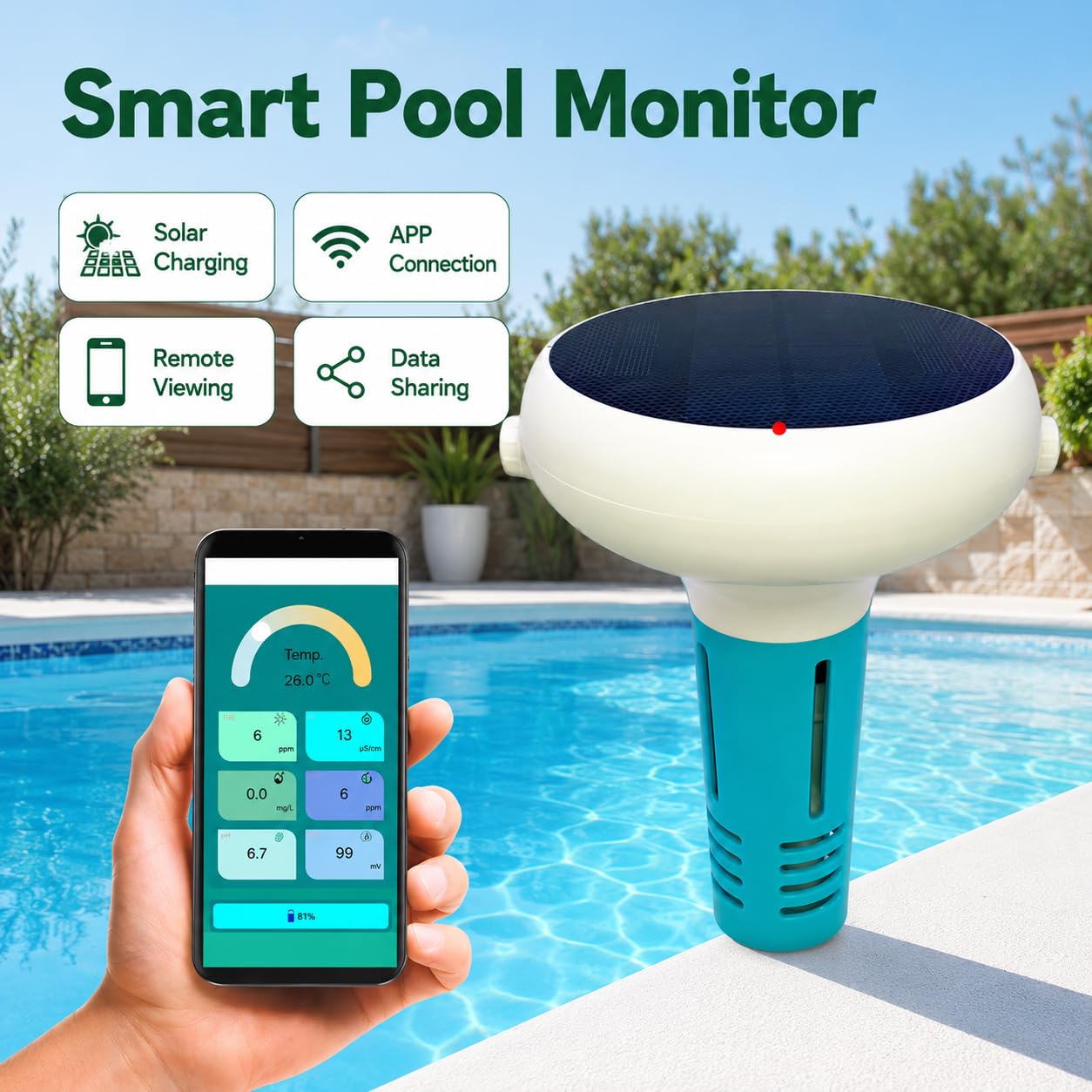 Tester jakości wody Bluetooth 7 w 1, cyfrowy monitor temperatury pH EC TDS ORP do basenów, jacuzzi, akwariów, dokładnych pomiarów, przyjazny dla użytkownika