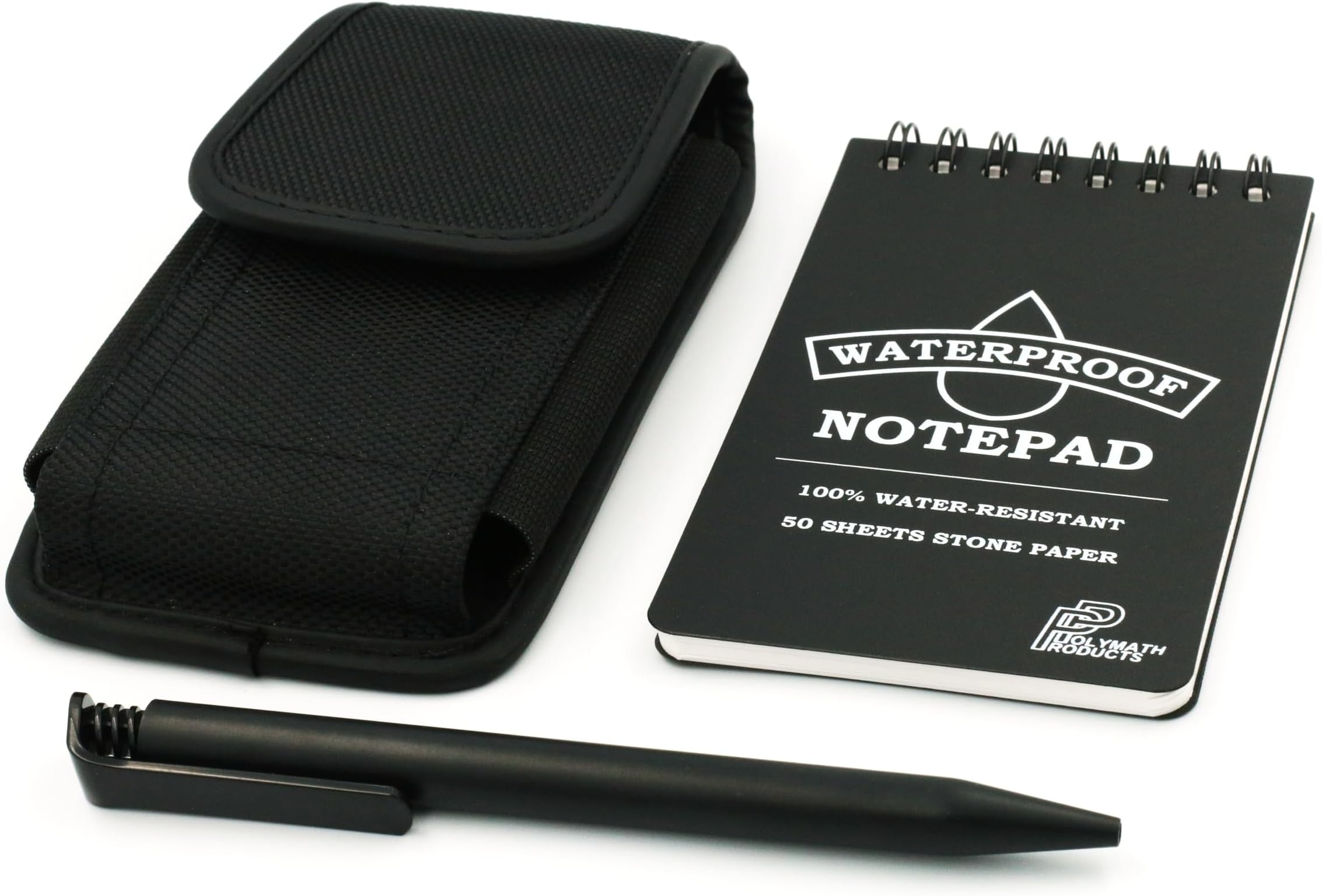 Waterproof Notepad Set with Pouch – 100% water-resistant stone paper notebook and pen, in a durable nylon pocket/belt pouch.