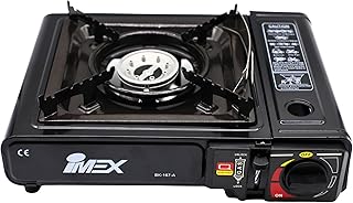 IMEX Przenośna kuchenka gazowa z zapłonem piezoelektrycznym – kuchenka butanowa na kemping, do aktywności na świeżym powietrzu i festiwalu – moc 7650 BTU 2,2 kW, walizka transportowa – model BK-167-A
