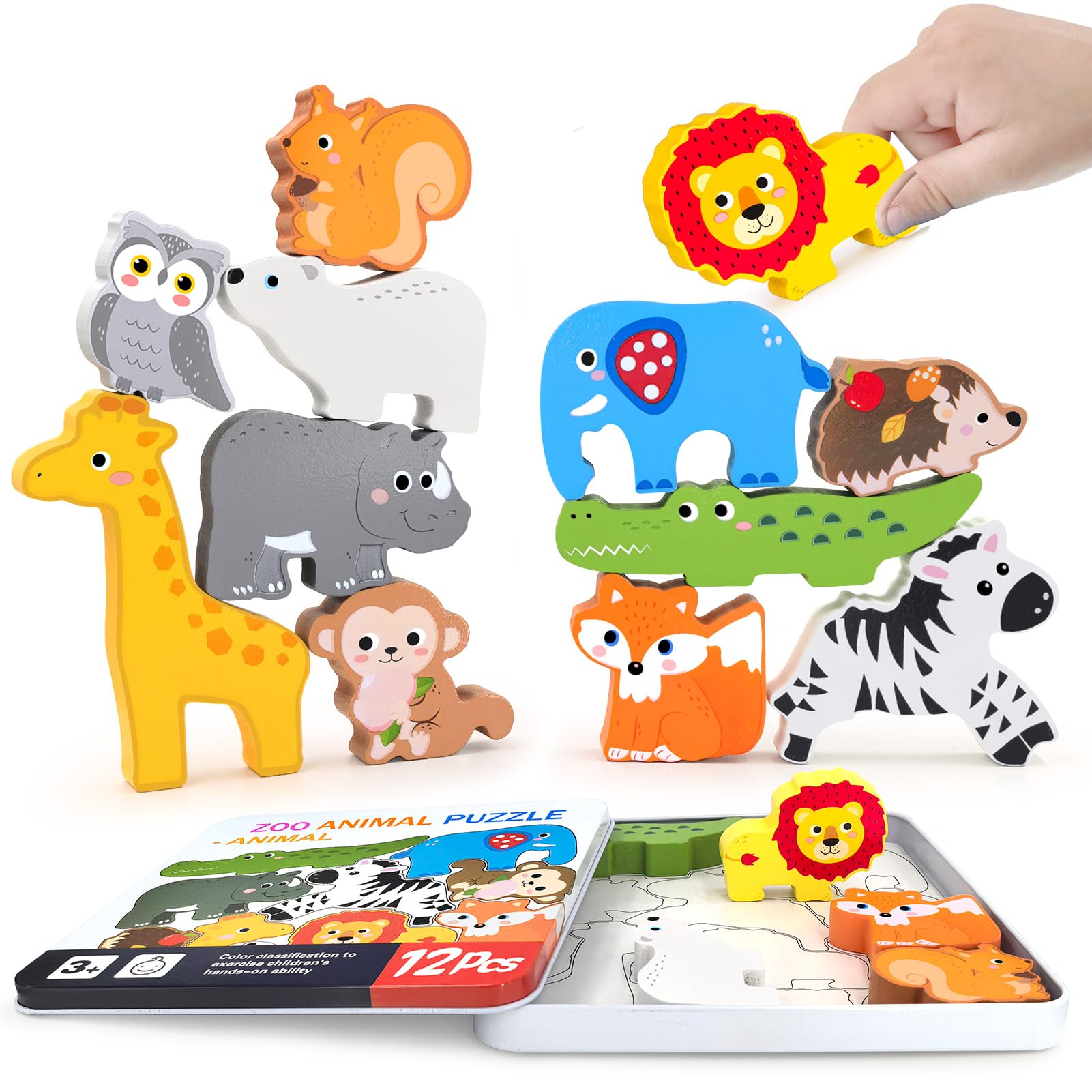 Wooden Animal Puzzles Toys for Toddlers,12PC Safari Animal Figures,Animal Matching Sorting Stacking Toys for Boys Child Girls,Educational Learning
