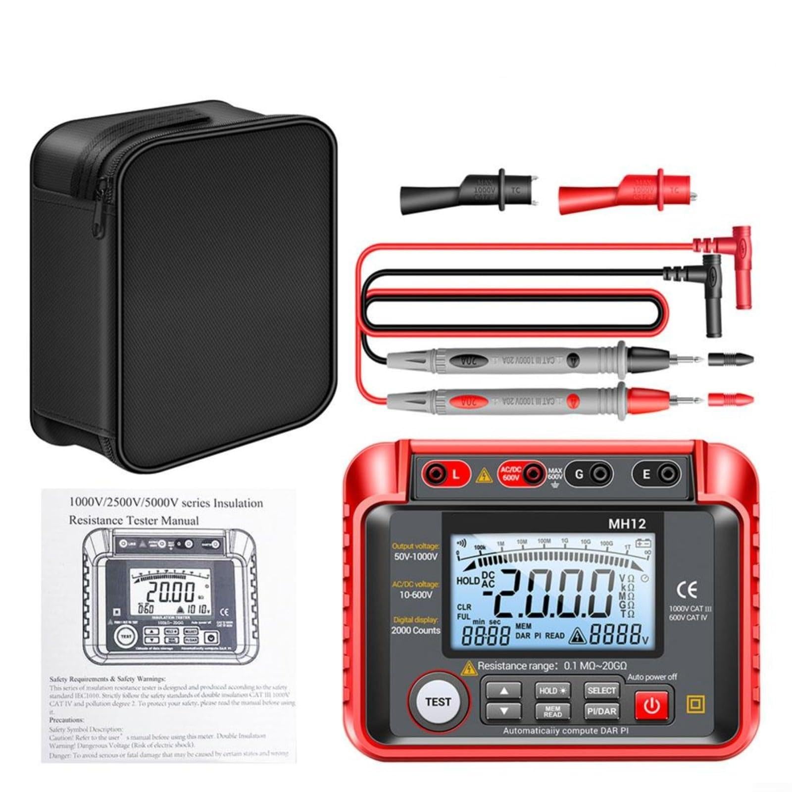 MH12 Megohmmeter Digital para probador de aislamiento 50V-1000V Salida Medidor de resistencia a tierra con detección de índice de polarización