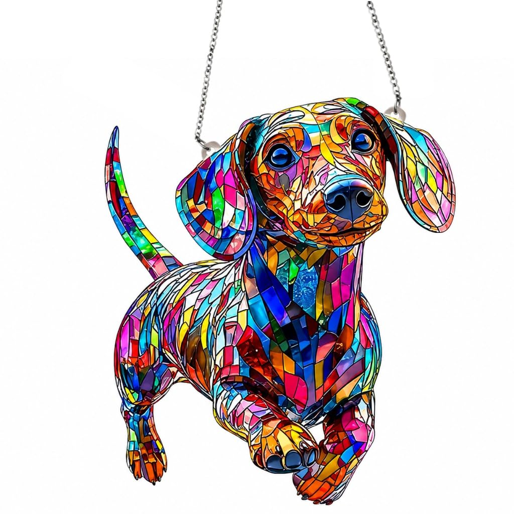 Dachshund Gifts for Women, Imitation Stained Glass Acrylic Hanging Ornament, Indoor Outdoor Christmas Tree Hanging Decor, Garden Decorations, 13×15cm Animal Present for Home Holiday Decoration