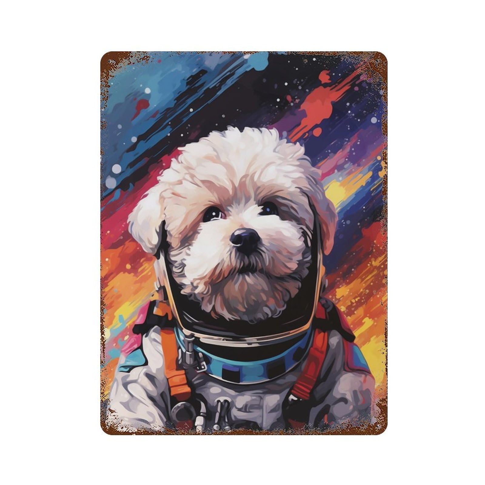 Space Pup Adventure -3 Rust Effect Tin Sign 15.7"x11.8", Farmhouse Wall Decor for Living Room, Hallway And Home Decor