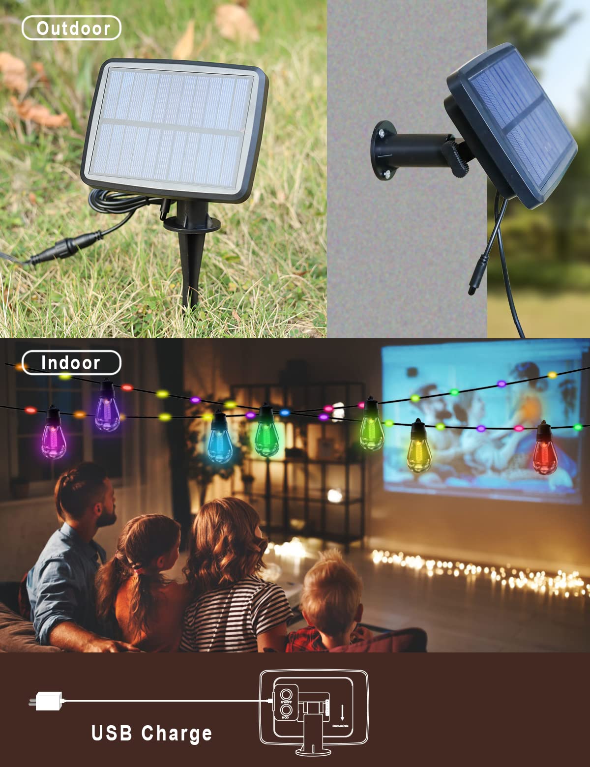 Innonly Solar Outdoor RGB String Lights 49Ft, Programmable & Dimmable Patio String Lights with Shatterproof Edison Bulbs, Commercial Solar String Lights with Music Sync for Cafe, Patio, Yard, Party