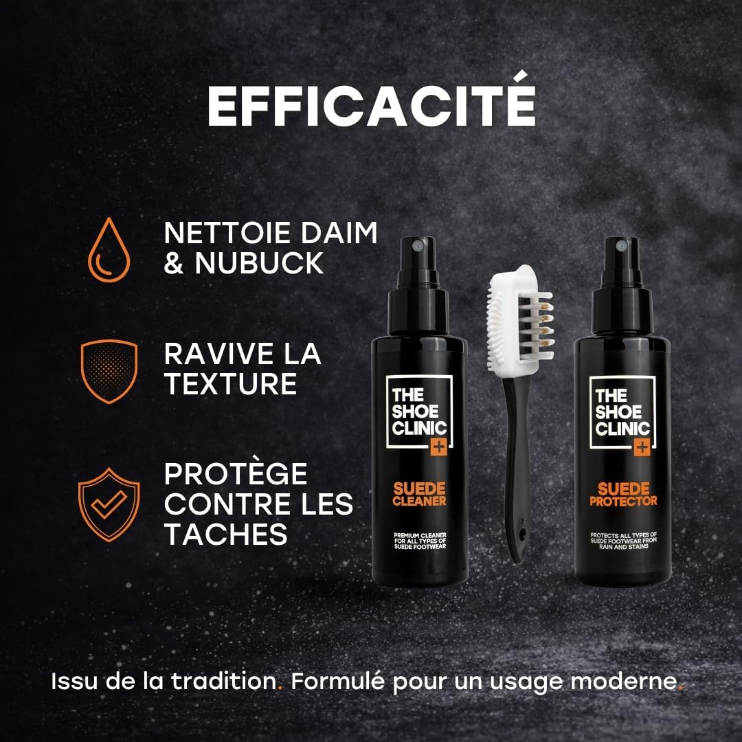 Kit Nettoyage et Entretien Chaussures en Daim & Nubuck Shoe Clinic | Nettoyant Daim Chaussure + Imperméabilisant + Brosse | Nettoie, Protège & Imperméabilise Chaussures, Baskets & Bottes