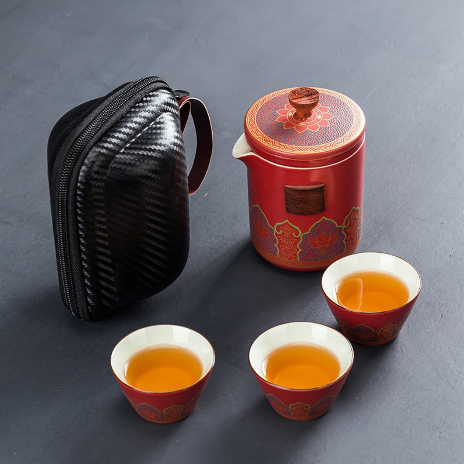 Juego de té clásico japonés con tres tazas en una olla, juego de té rojo con tres tazas en una olla