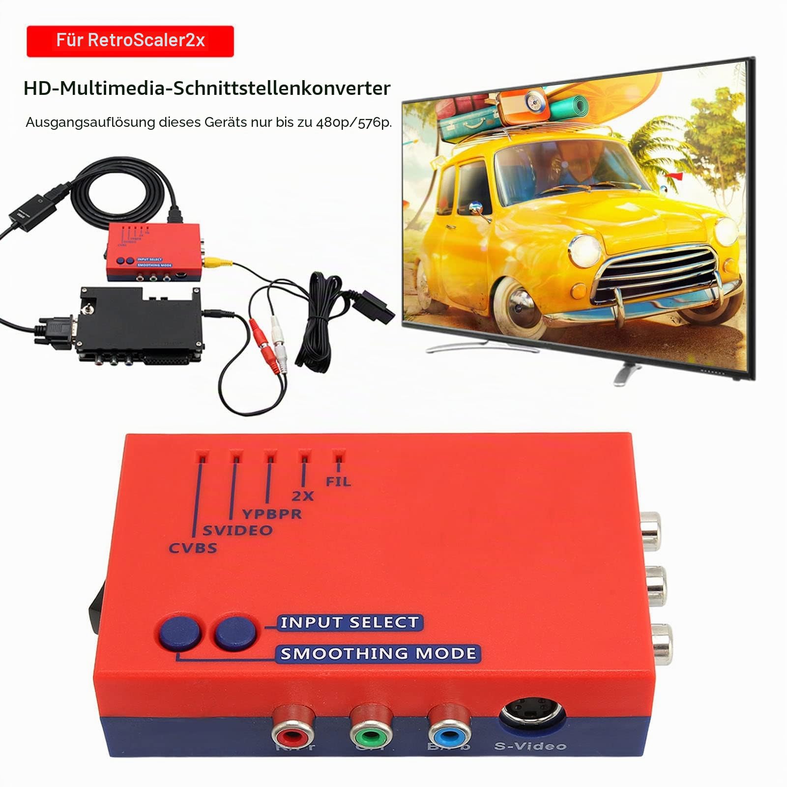 Bewinner Für RetroScaler2x AV zu HDMI Konverter Adapter, 480P Retro Game to TV Adapter, Gute Klangleistung für Vic20 für N64 für SFC für für MD2 für MD1 für C64(Rot)