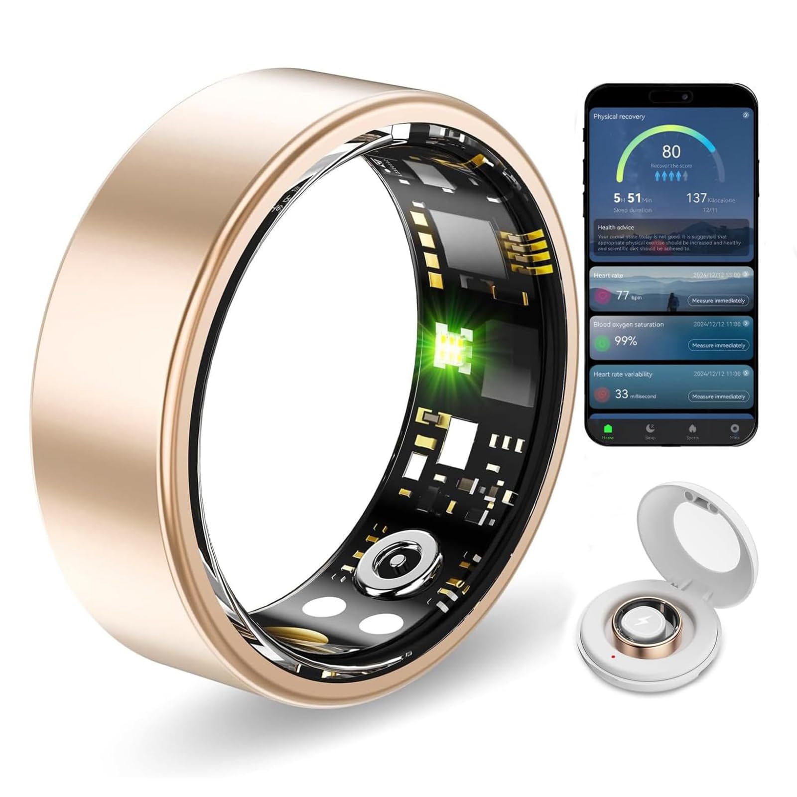 Smart Ring 2025, Health & Fitness Tracker with Heart Rate Monitor, Sleep Analysis, Step Counter, Waterproof Activity Ring for Men & Women (Gold, 10#)