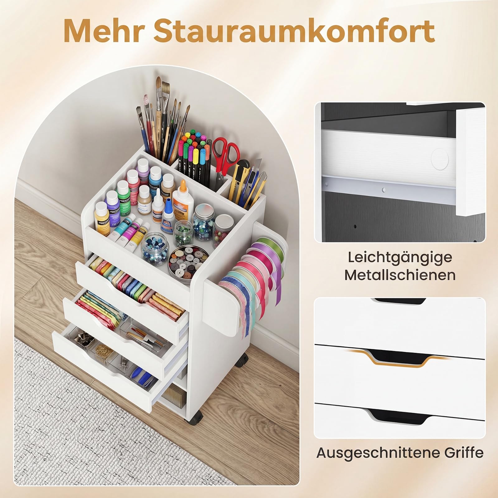 COSTWAY Rollcontainer mit 3 Schubladen, Rollwagen auf Rollen (Weiß) | Bastelwagen mit 2 Rollstangen & 3 Fächern, Bastelschrank aus Holz, Schreibtisch Unterschrank, Bürocontainer für Zuhause, Büro