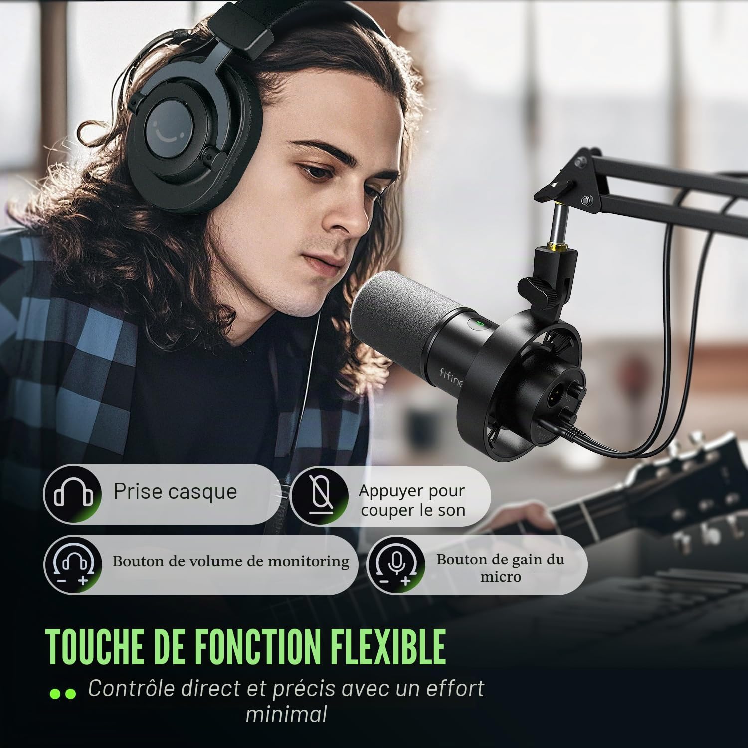FIFINE Podcast Microphone K688 avec Bras Boom, Kit de Microphone Dynamique USB/XLR pour Studio/Enregistrement de Musique/Diffusion,Compatible avec PC/Ordinateur/mixeur XLR - K688CT