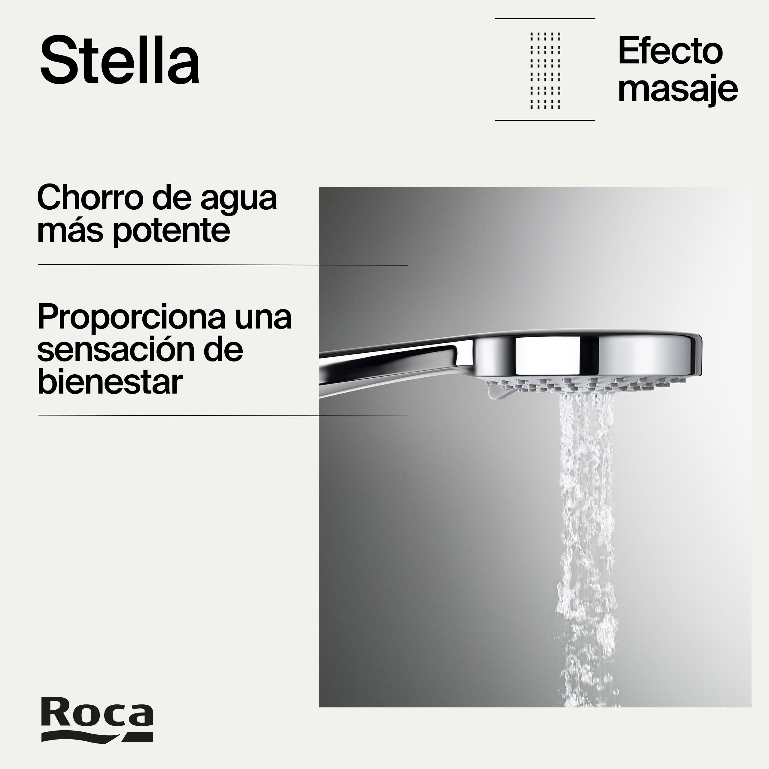 Roca,Stella,Set de ducha. Incluye ducha de mano de 100 mm de 3 funciones, soporte de ducha articulado y flexible de PVC satinado de 1,70 m,A5B1C03C00