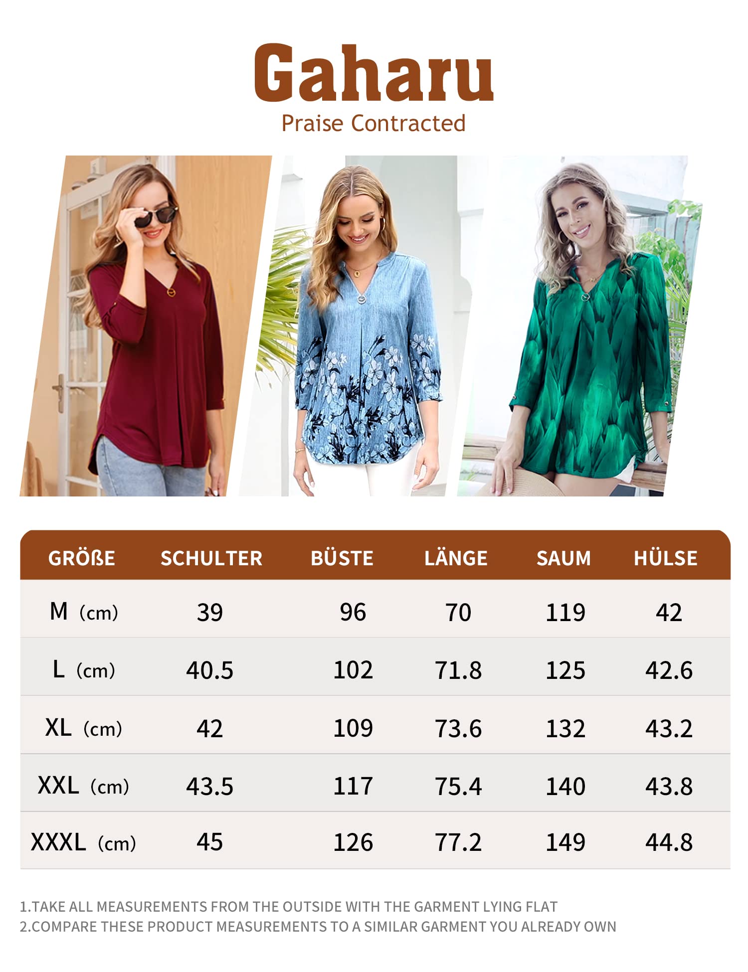 Gaharu Chemisier à manches 3/4 pour femme, élégant, col en V, haut ample et fluide