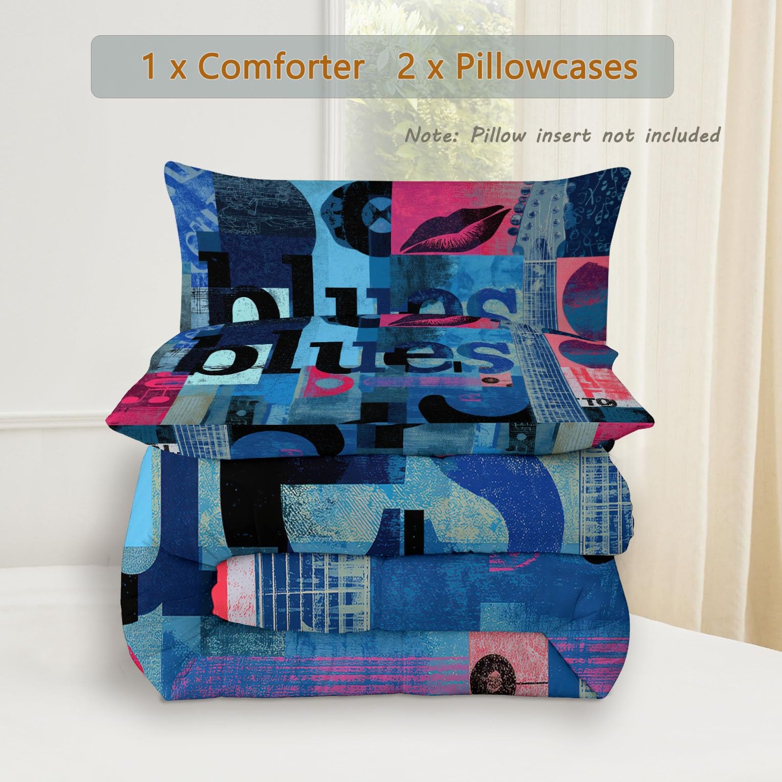 Coverless - Piumone reversibile con note musicali e chitarra, 135 x 200 cm, stampato, morbido, per letto singolo, 4,5 tog, per tutte le stagioni, stile retrò, trapuntato, anallergico e lavabile