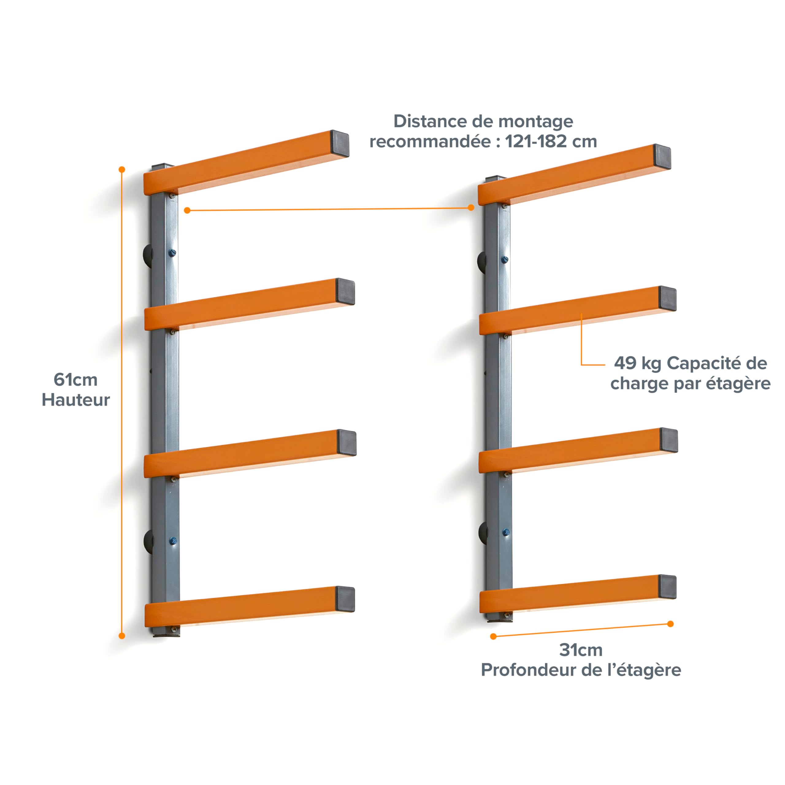 BORA Rangement Mural Bois 4 Niveaux – Étagère Murale Garage pour Planches, Tuyaux, Échelles, Outils – Capacité 200 kg