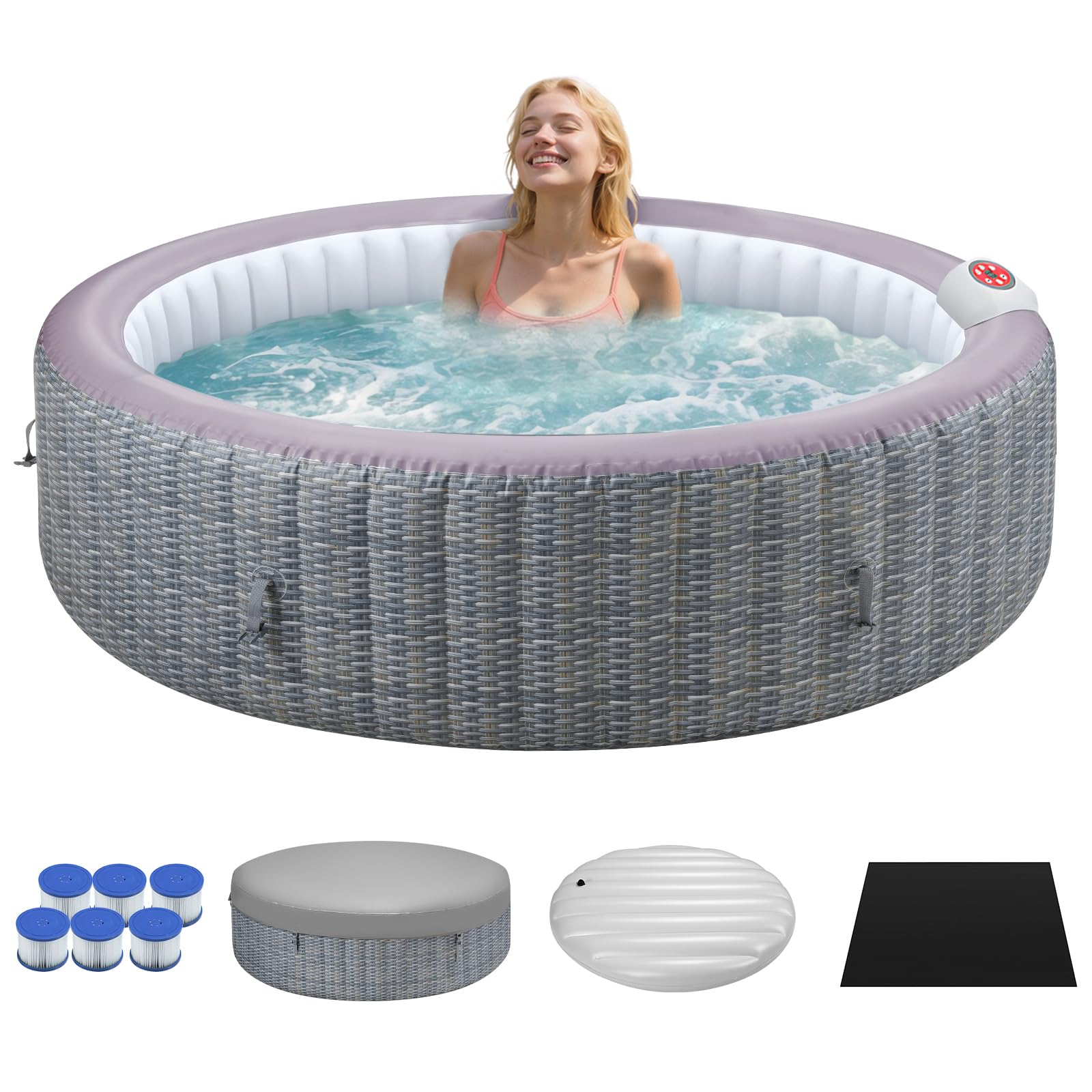 82" Inflatable Hot Tub for 4-6 People, Portable Outdoor Spa with 130 Soothing Bubble Jets, Smart Control Panel, with Insulated Cover, 6 Filters, PE Floor Mat, 110-120V Input (Round)