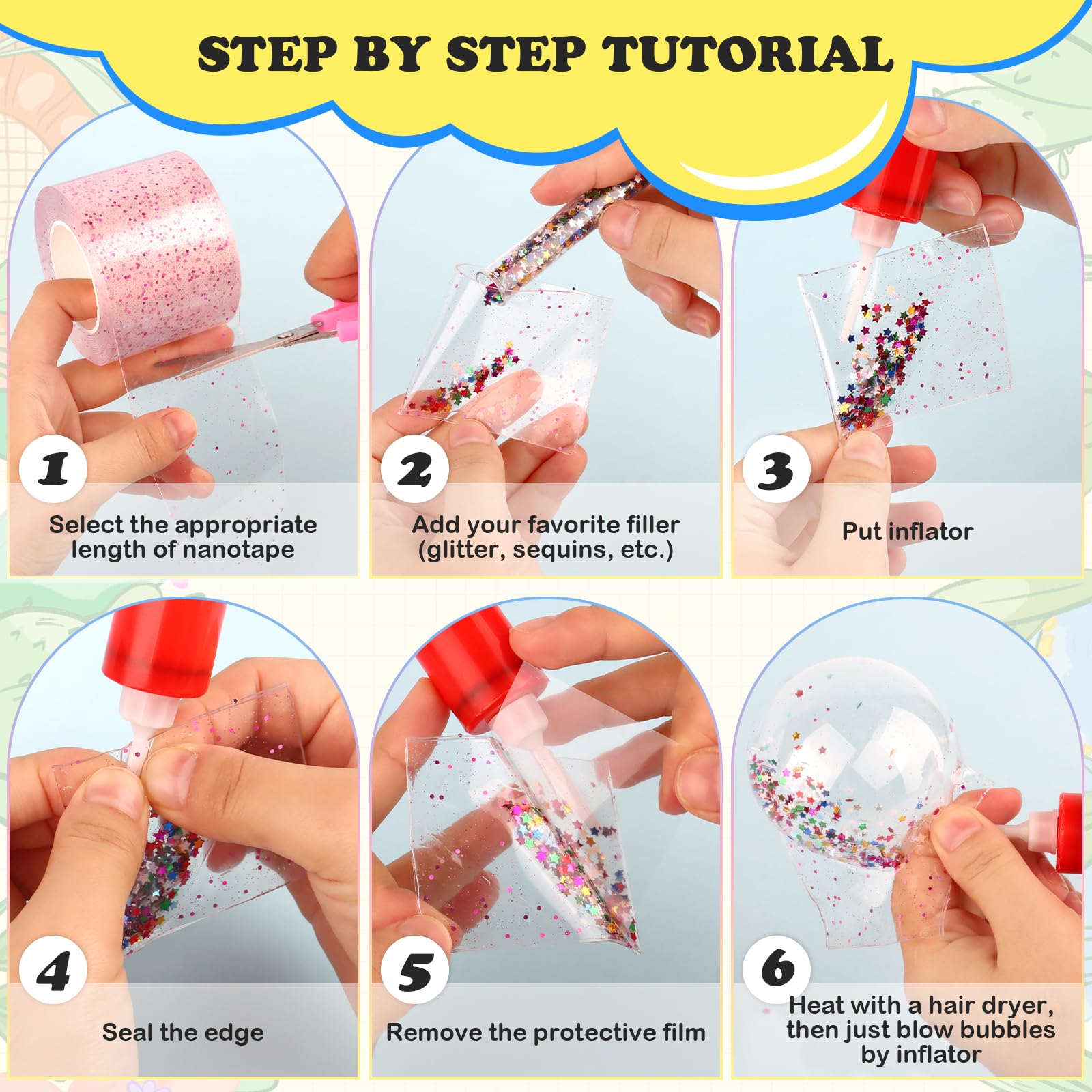 MXTIMWAN Nano Tape Bubbles Set, 55 Stück Doppelseitiges Klebeband Set für Blow Bubbles, DIY Bubble Tape Nano Klebeband mit 3 Rollen Nanoband Doppelseitig für Kinder Jungen Mädchen