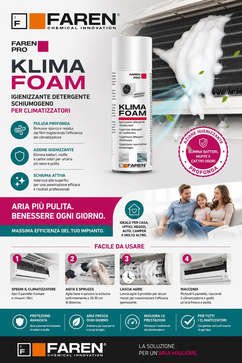 3 x KLIMA FOAM Faren, Detergente Igienizzante Spray Schiumogeno per Condizionatori,ideale per i pacchi alettati e filtri,disgrega lo sporco emulsionandolo, 400ml