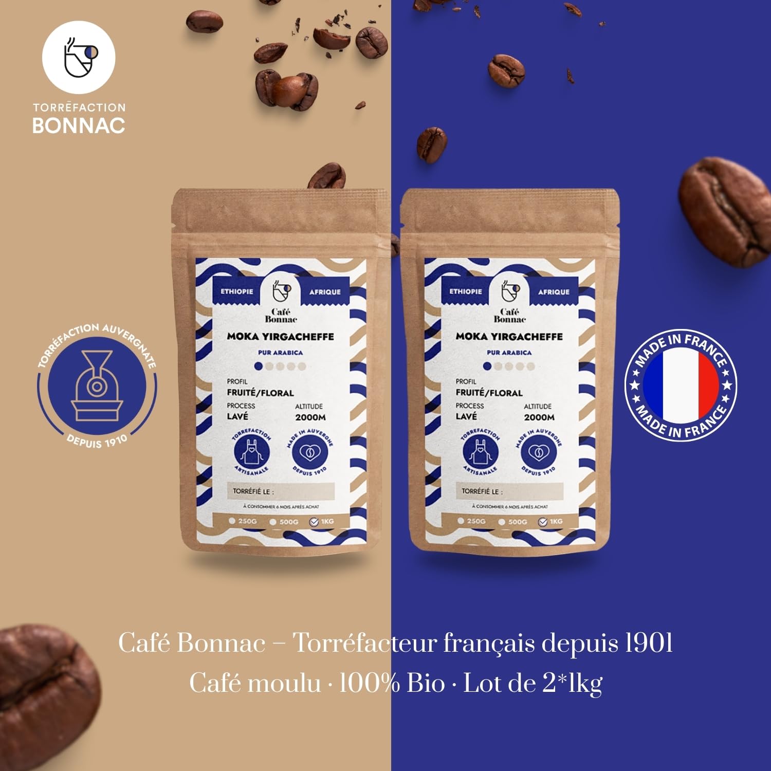 Café Bonnac – Lot de 2 × 1 kg | Café Moulu Éthiopie Yirgacheffe | 100% Arabica De Spécialité | Notes Florales Et Citronnées | Torréfaction Artisanale Française | Idéal Machine À Grain | Frais
